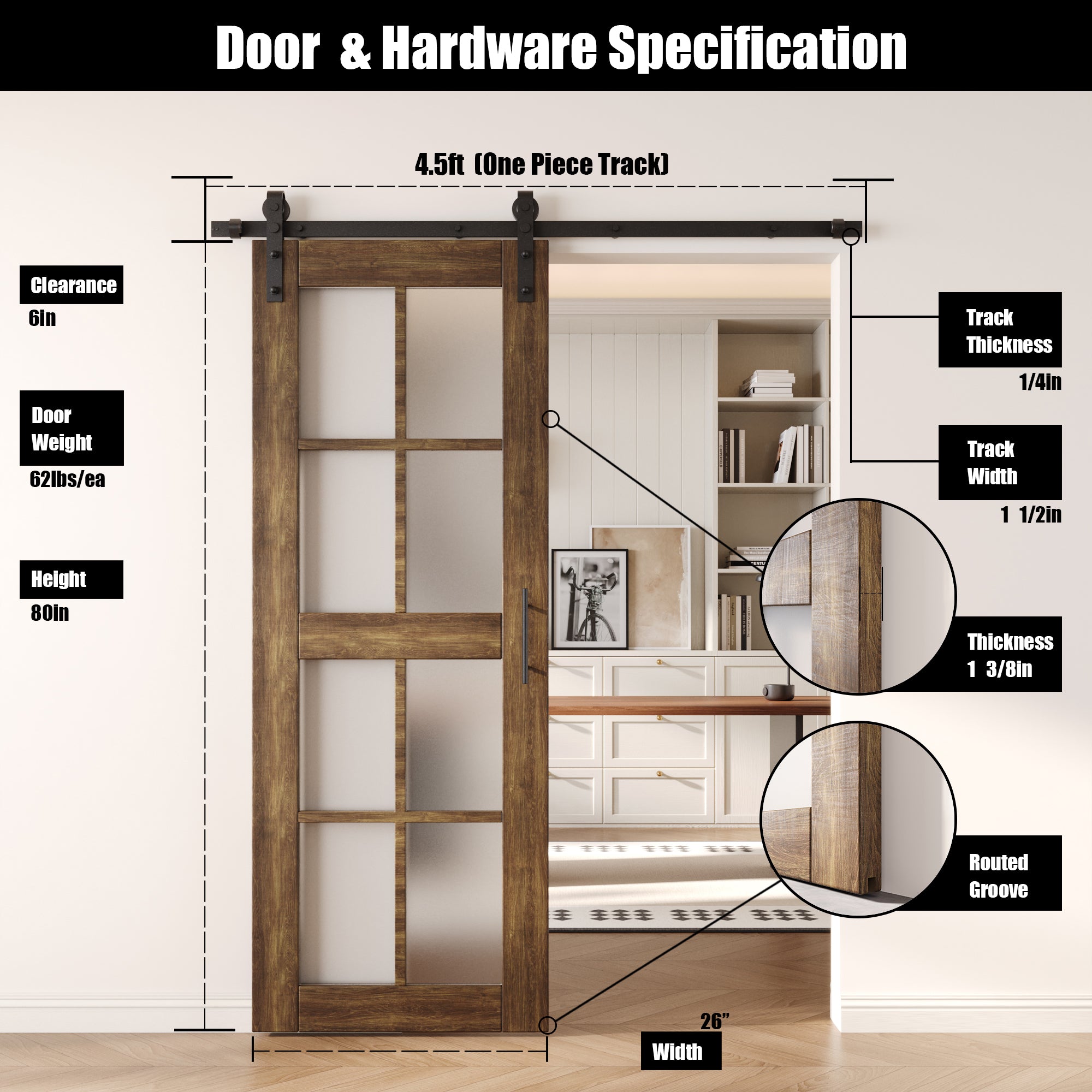 80" Height Dark Walnut 8-Lite Frosted Glass Unassembled & Finished Pine Wood Barn Door with Non-Bypass Installation Hardware Kit (Interior Use Only)