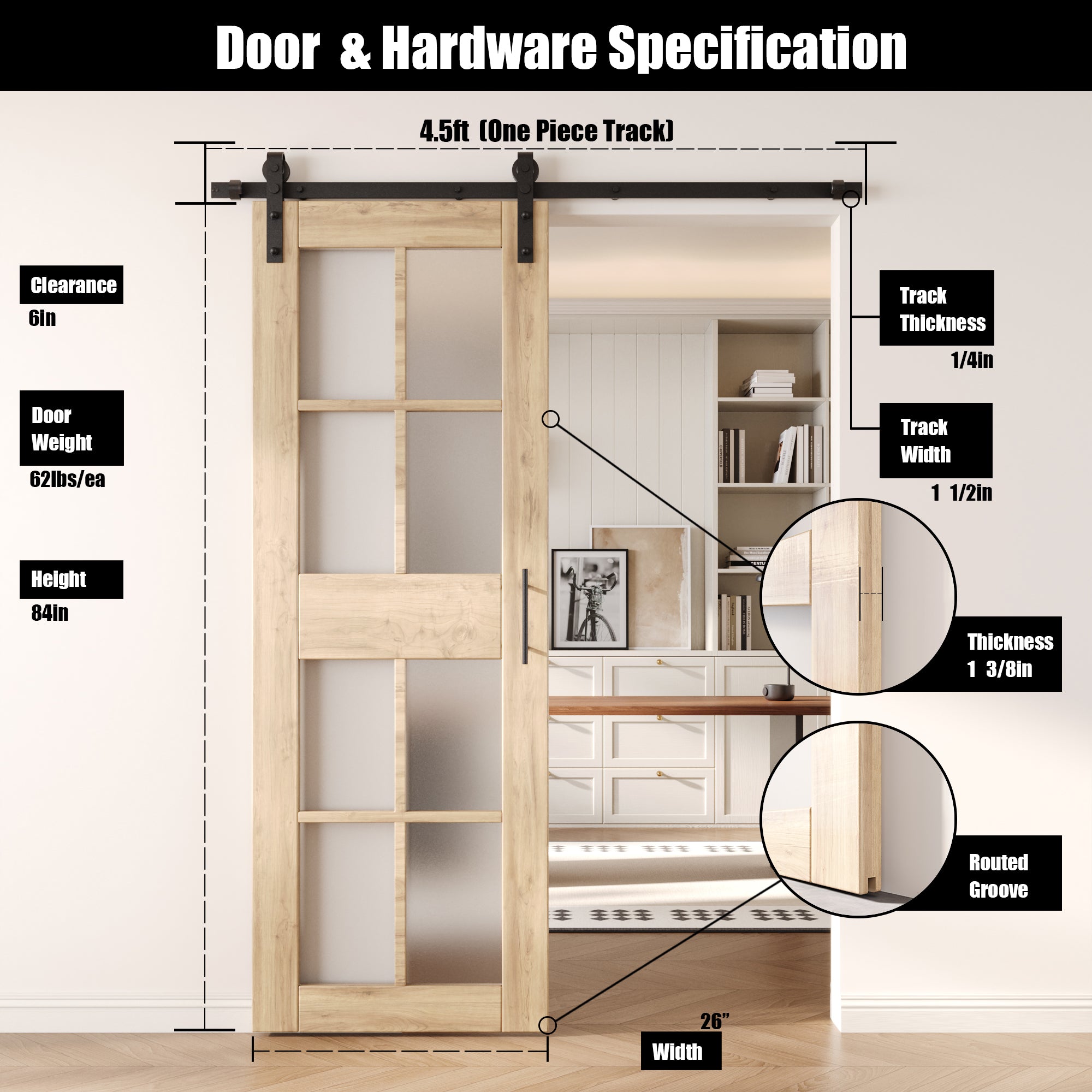 84" Height 8-Lite Frosted Glass Unassembled & Unfinished Pine Wood Barn Door with Non-Bypass Installation Hardware Kit (Interior Use Only)