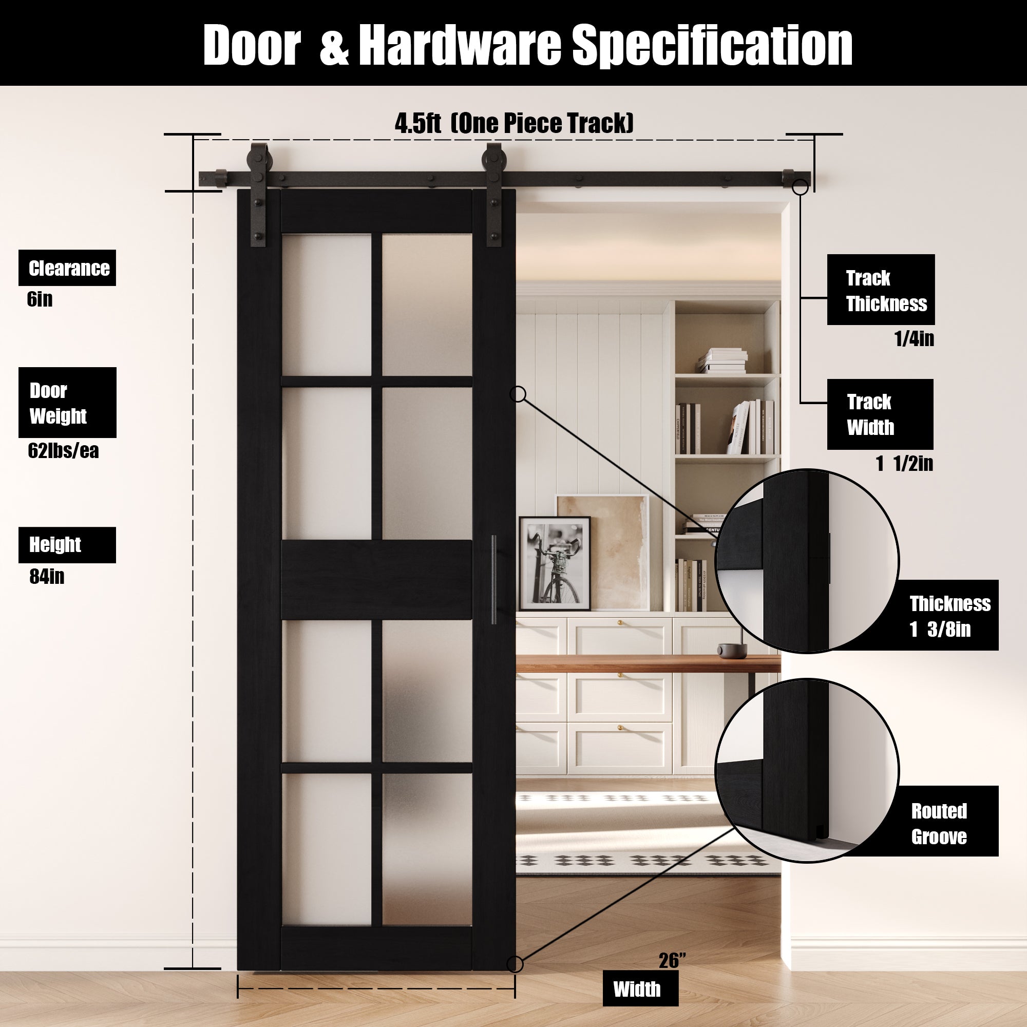 84" Height Black 8-Lite Frosted Glass Unassembled & Finished Pine Wood Barn Door with Non-Bypass Installation Hardware Kit (Interior Use Only)