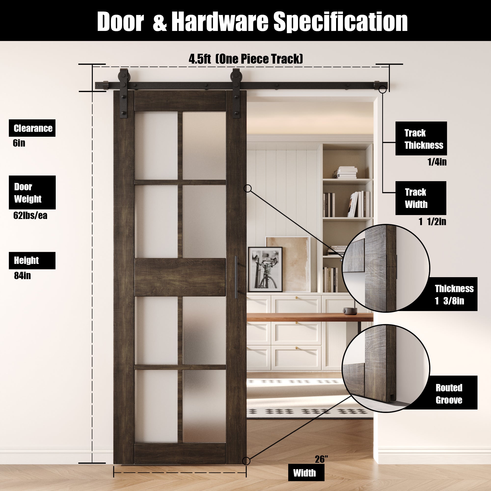 84" Height Ebony 8-Lite Frosted Glass Unassembled & Finished Pine Wood Barn Door with Non-Bypass Installation Hardware Kit (Interior Use Only)