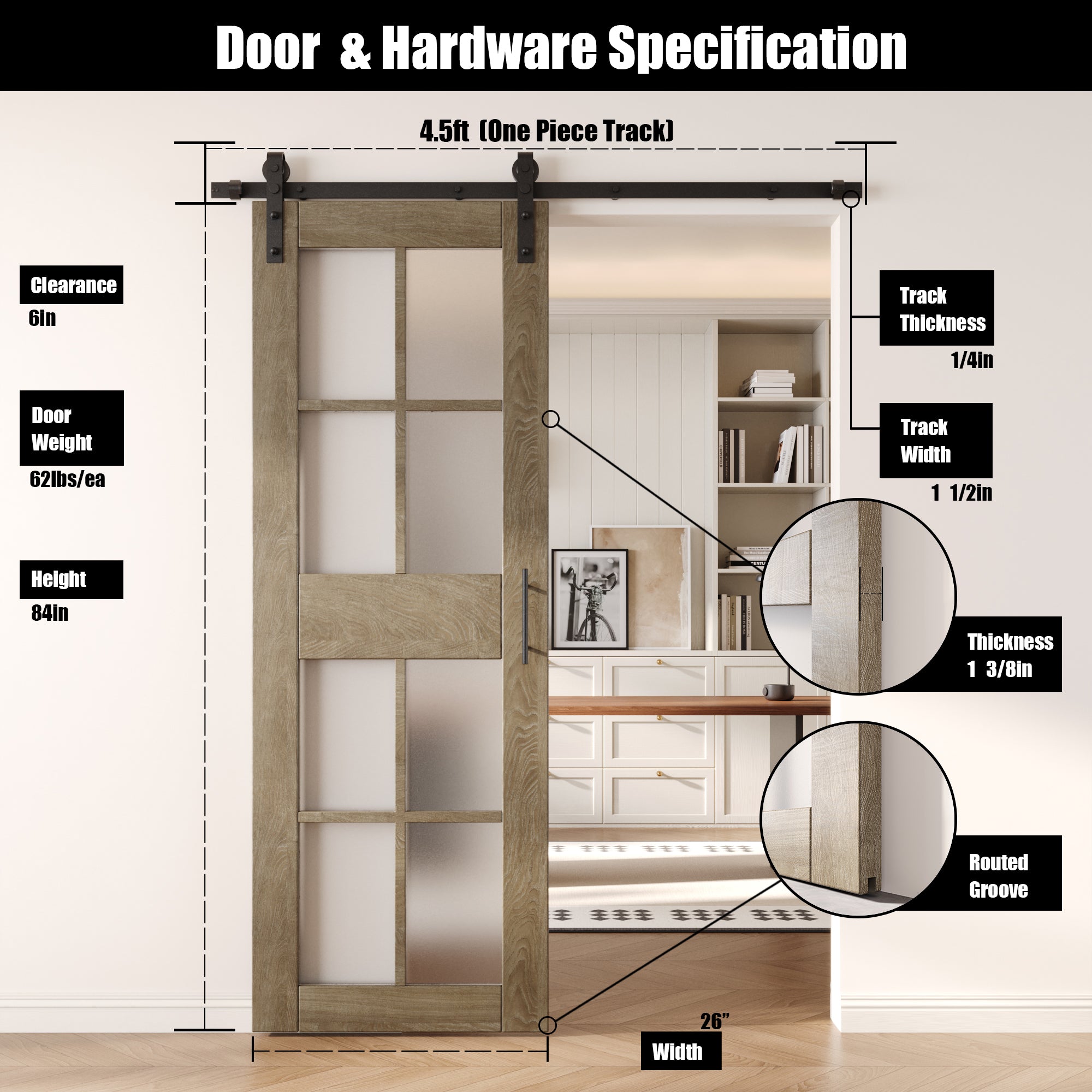 84" Height Classic Gray 8-Lite Frosted Glass Unassembled & Finished Pine Wood Barn Door with Non-Bypass Installation Hardware Kit (Interior Use Only)
