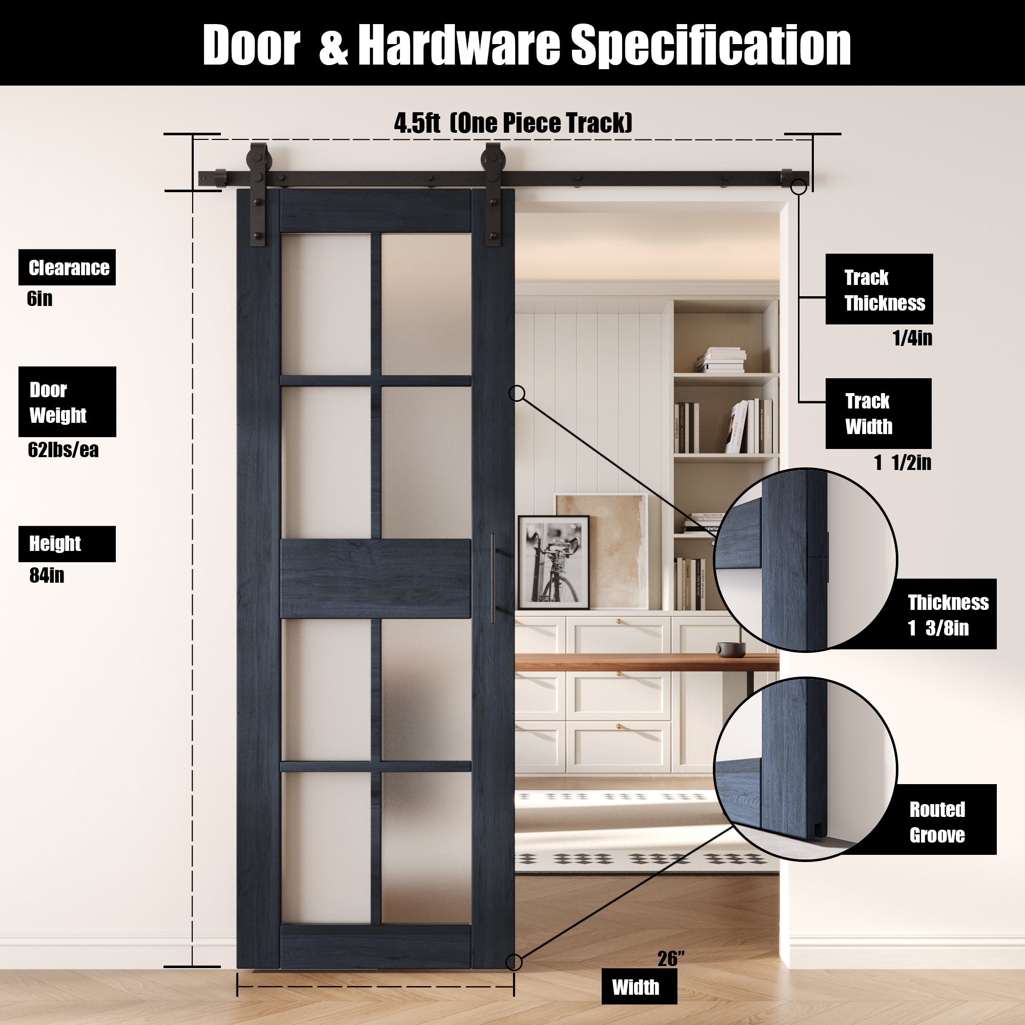 84" Height Navy 8-Lite Frosted Glass Unassembled & Finished Pine Wood Barn Door with Non-Bypass Installation Hardware Kit (Interior Use Only)