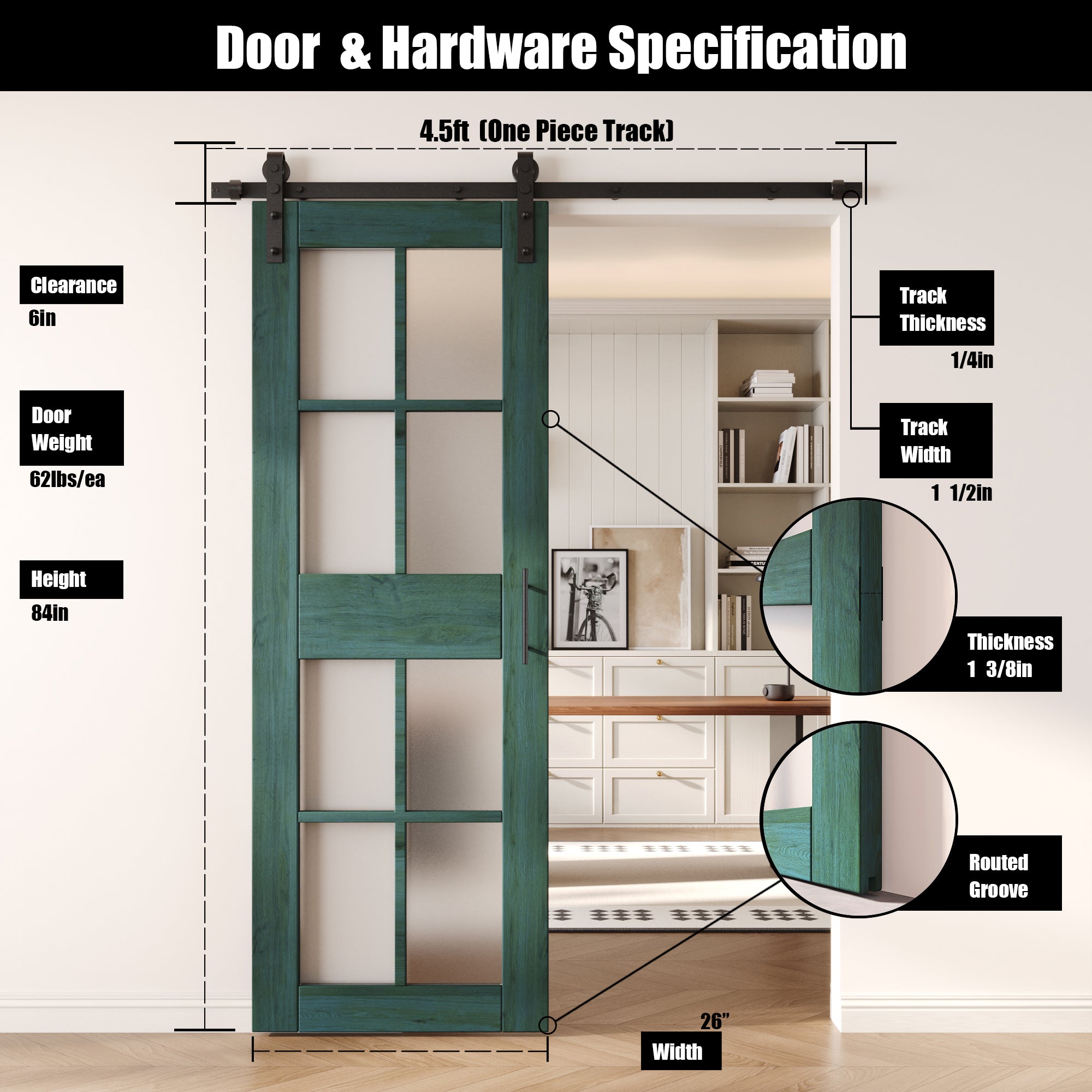 84" Height Royal Pine 8-Lite Frosted Glass Unassembled & Finished Pine Wood Barn Door with Non-Bypass Installation Hardware Kit (Interior Use Only)