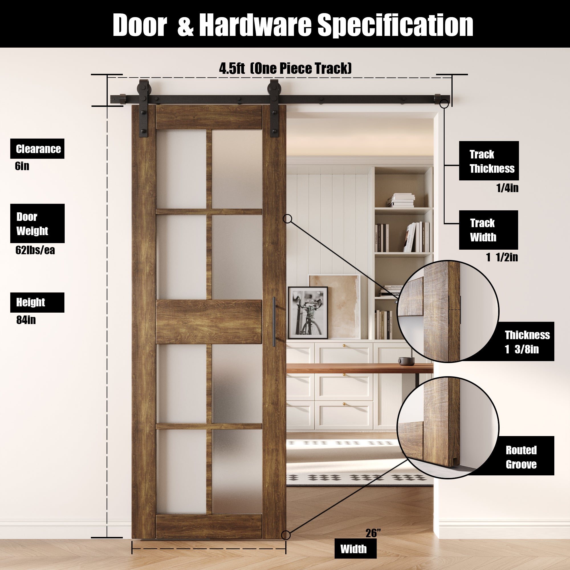84" Height Dark Walnut 8-Lite Frosted Glass Unassembled & Finished Pine Wood Barn Door with Non-Bypass Installation Hardware Kit (Interior Use Only)