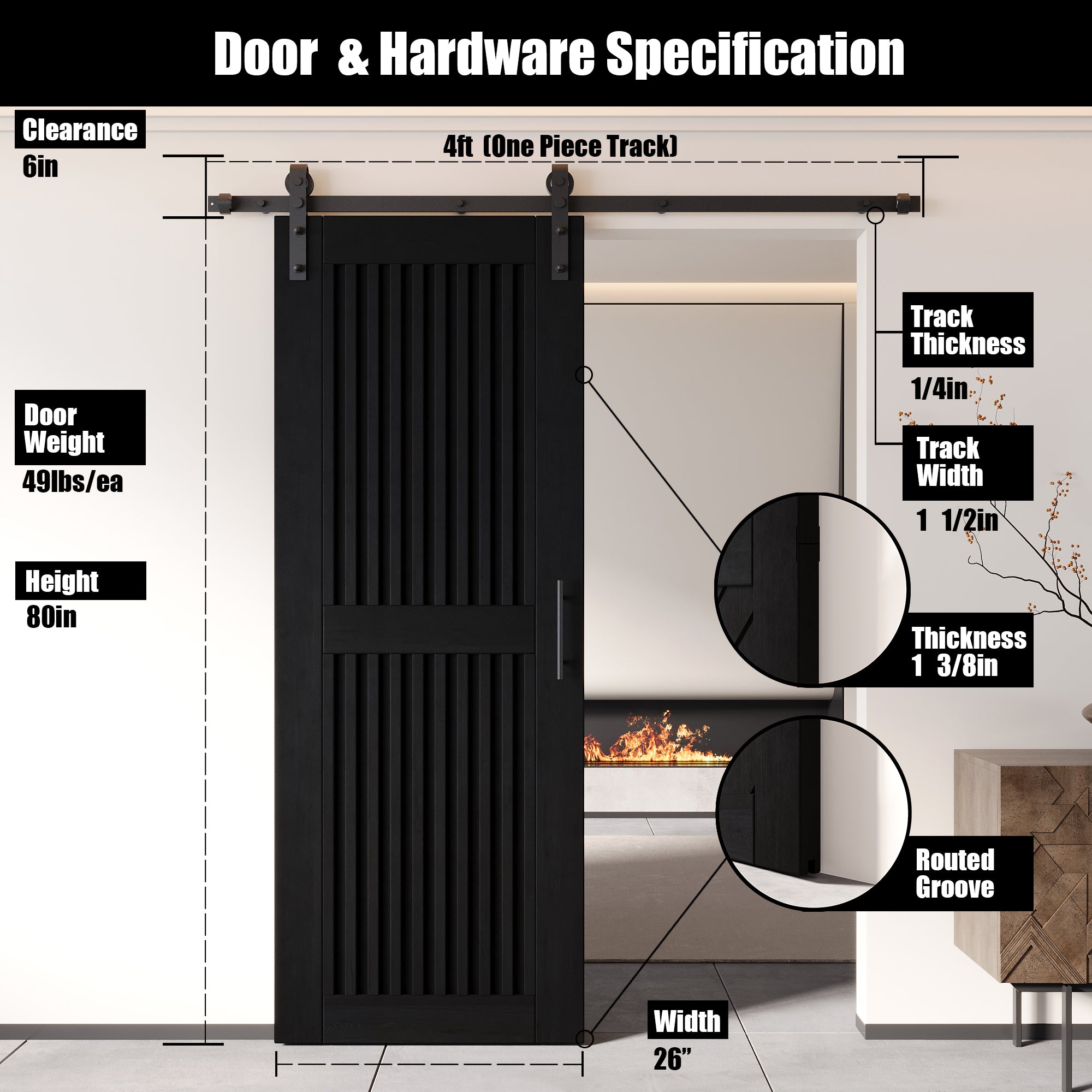80" Height Black Vertical Stripe Design Unassembled & Finished Pine Wood Barn Door with Non-Bypass Installation Hardware Kit(Interior Use Only)