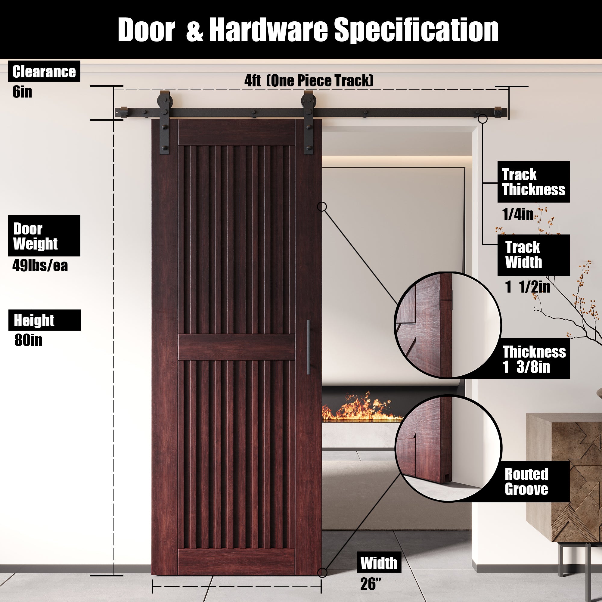 80" Height Red Mahogany Vertical Stripe Design Unassembled & Finished Pine Wood Barn Door with Non-Bypass Installation Hardware Kit(Interior Use Only)