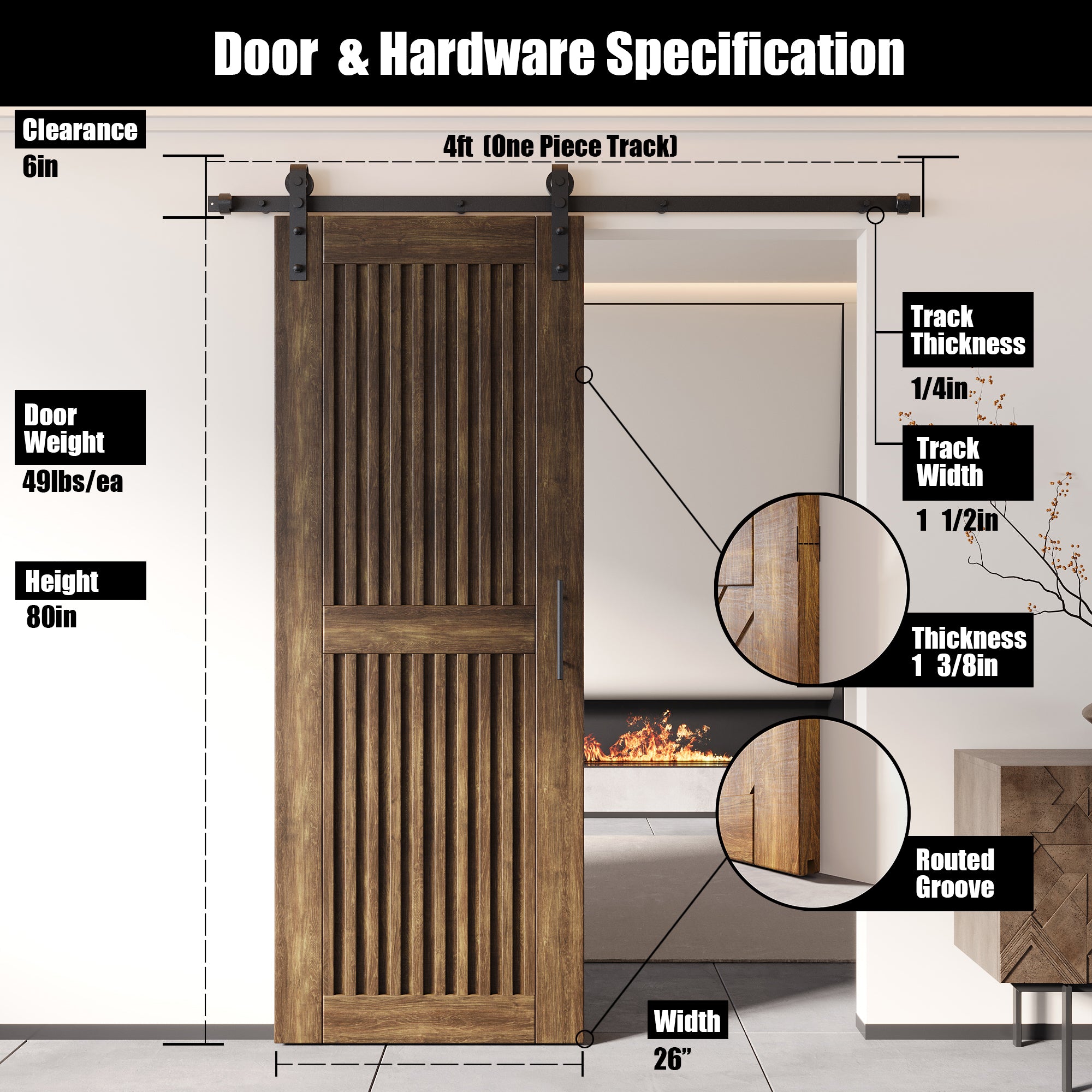 80" Height Dark Walnut Vertical Stripe Design Unassembled & Finished Pine Wood Barn Door with Non-Bypass Installation Hardware Kit(Interior Use Only)