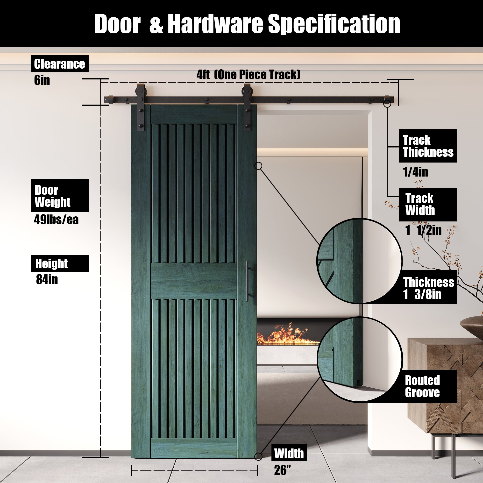 84" Height Royal Pine Vertical Stripe Design Unassembled & Finished Pine Wood Barn Door with Non-Bypass Installation Hardware Kit(Interior Use Only)