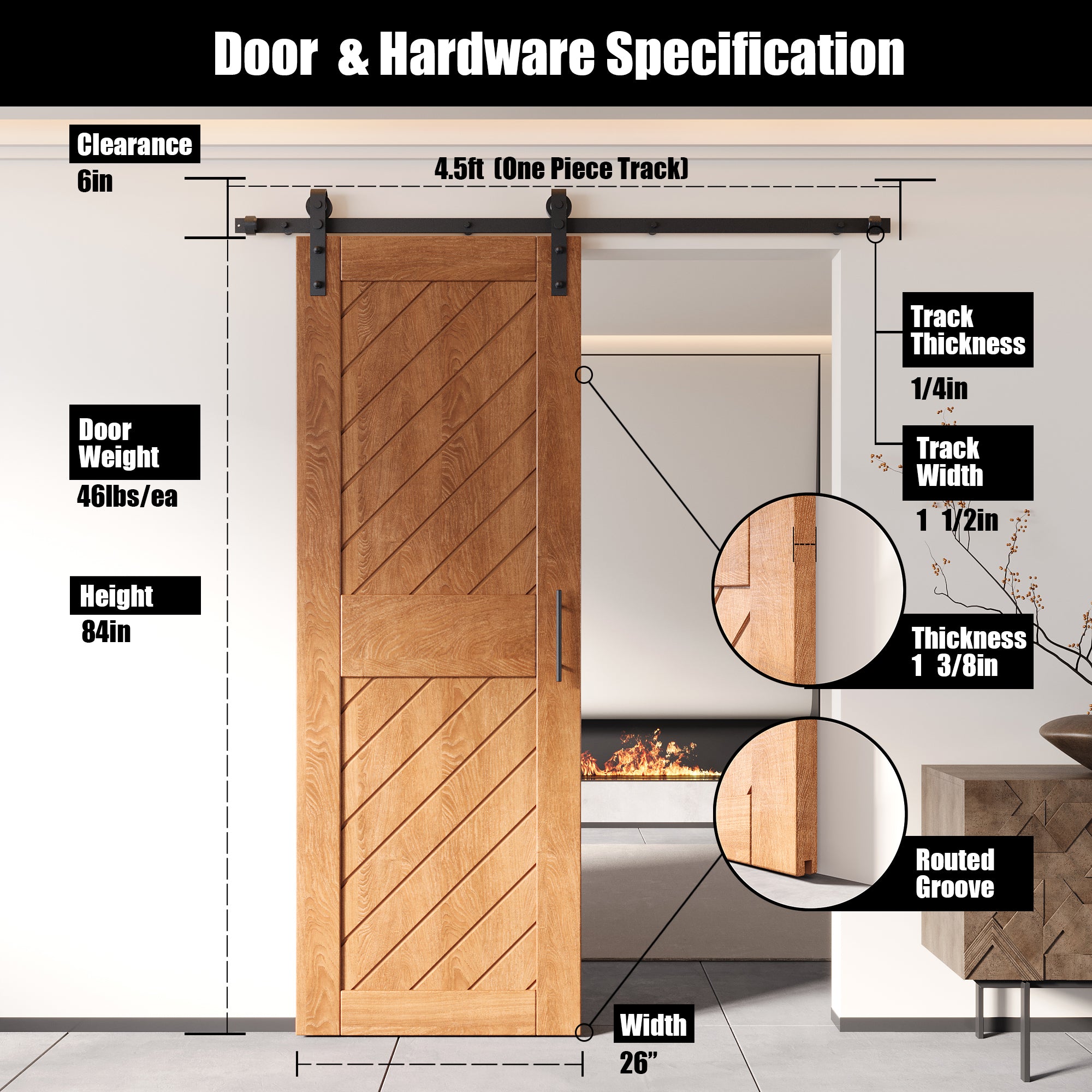 interior-use early american slanted stripe pine barn door, finished