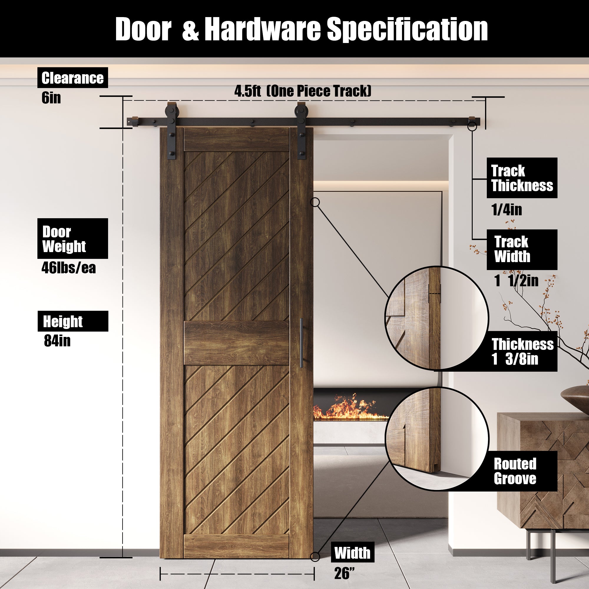 interior-use dark walnut slanted stripe pine barn door, finished