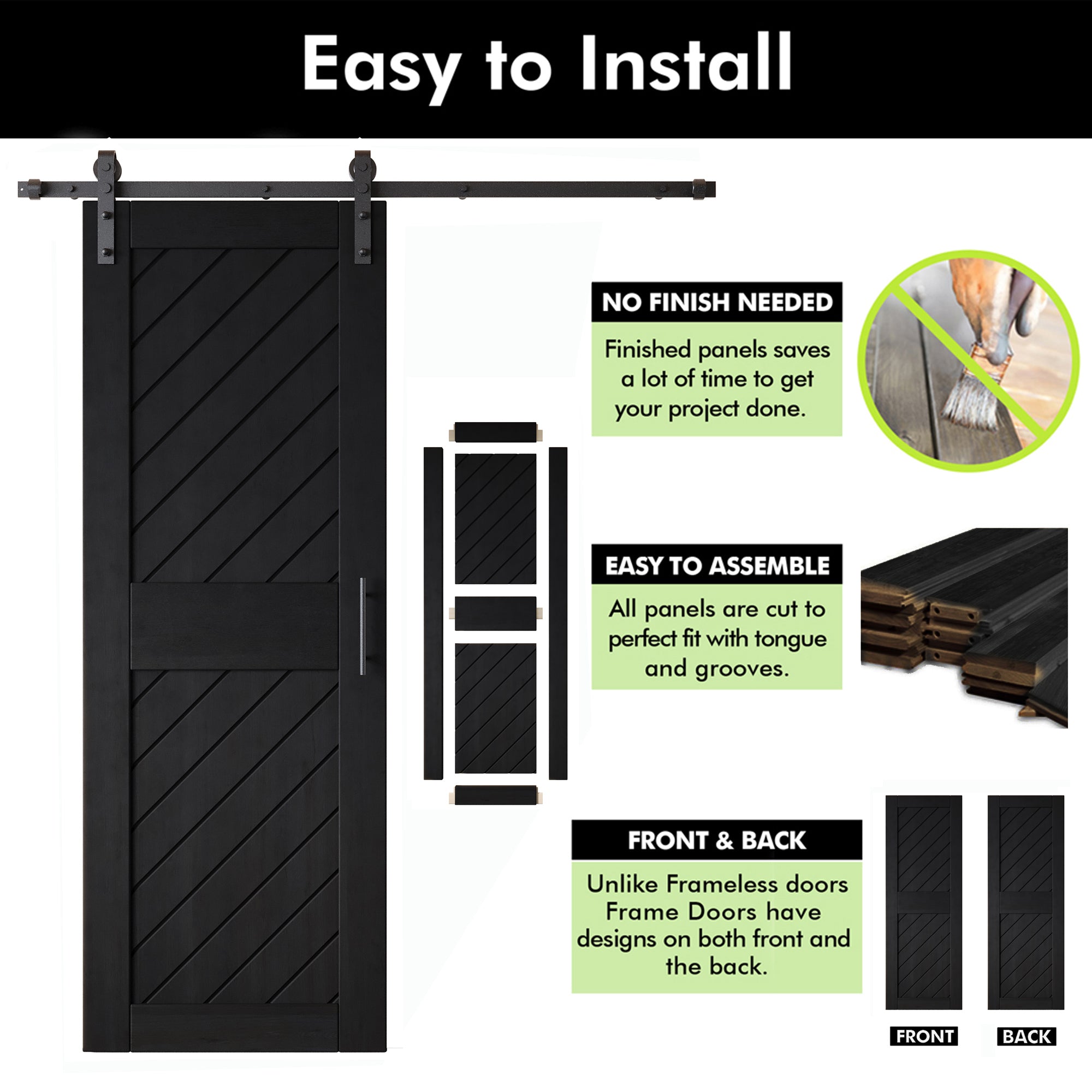 84" Height Black Slanted Stripe Design Unassembled & Finished Pine Wood Barn Door with Non-Bypass Installation Hardware Kit(Interior Use Only)