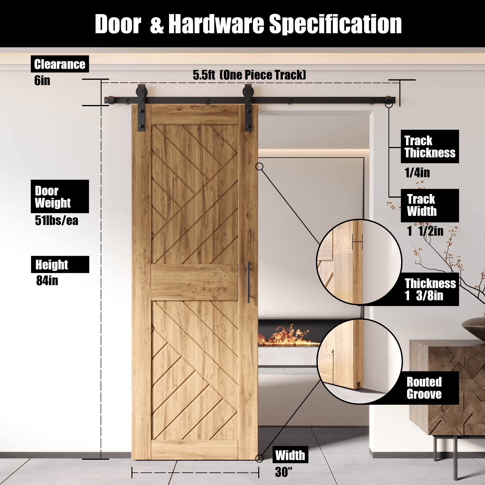 80" Height Geometric Design Unassembled & Unfinished Pine Wood Barn Door with Non-Bypass Installation Hardware Kit(Interior Use Only)