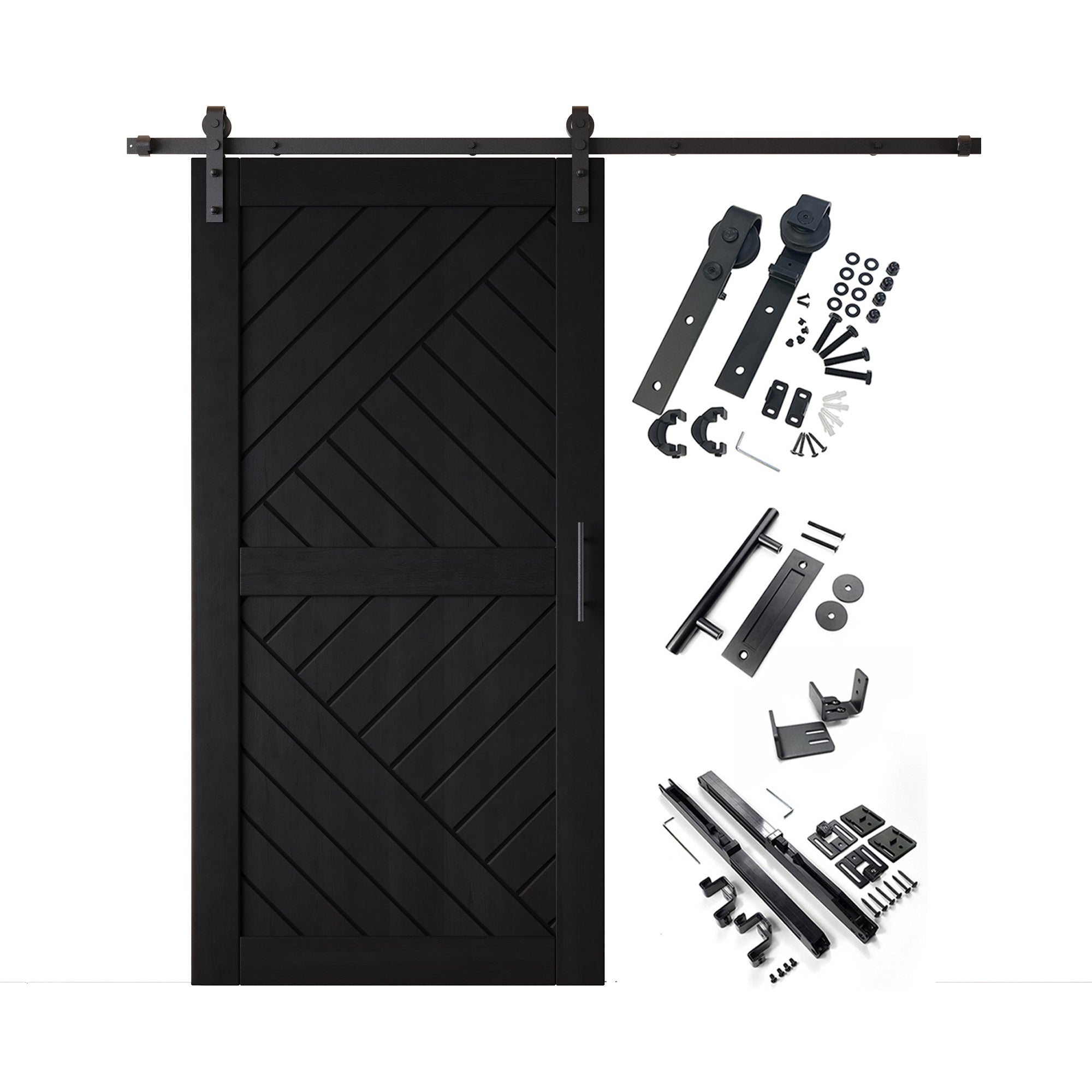 sliding barn door hardware kit with one door, black modern geometric design with accessories, door handle, soft close, floor guide