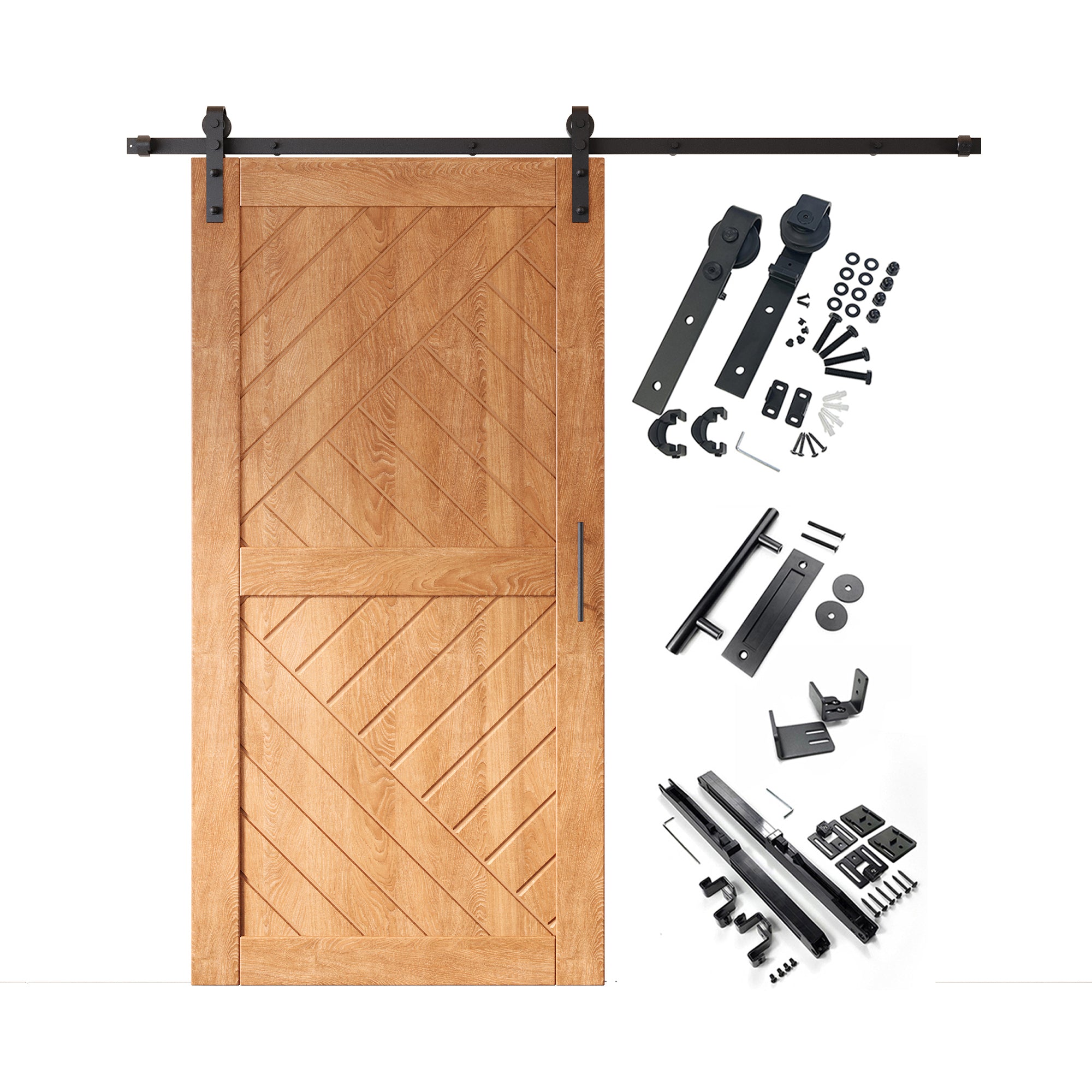early american finish barn door modern geometric design, single track non bypass hardware kit
