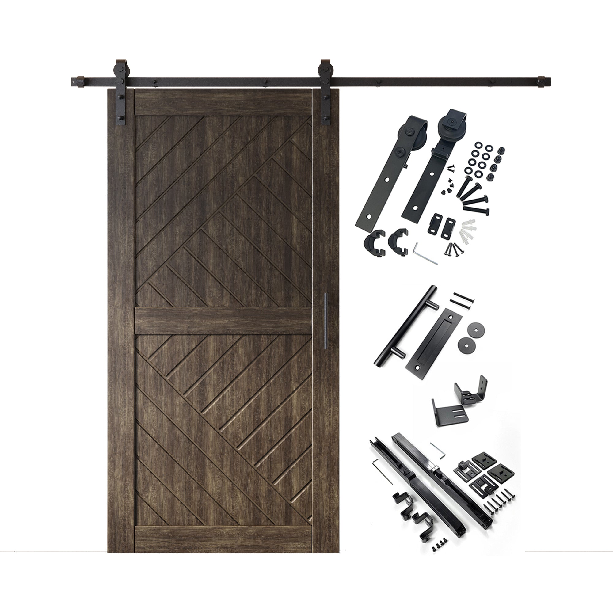 modern ebony geometric design barn door with hardware kit, door handle, soft close, floor guide