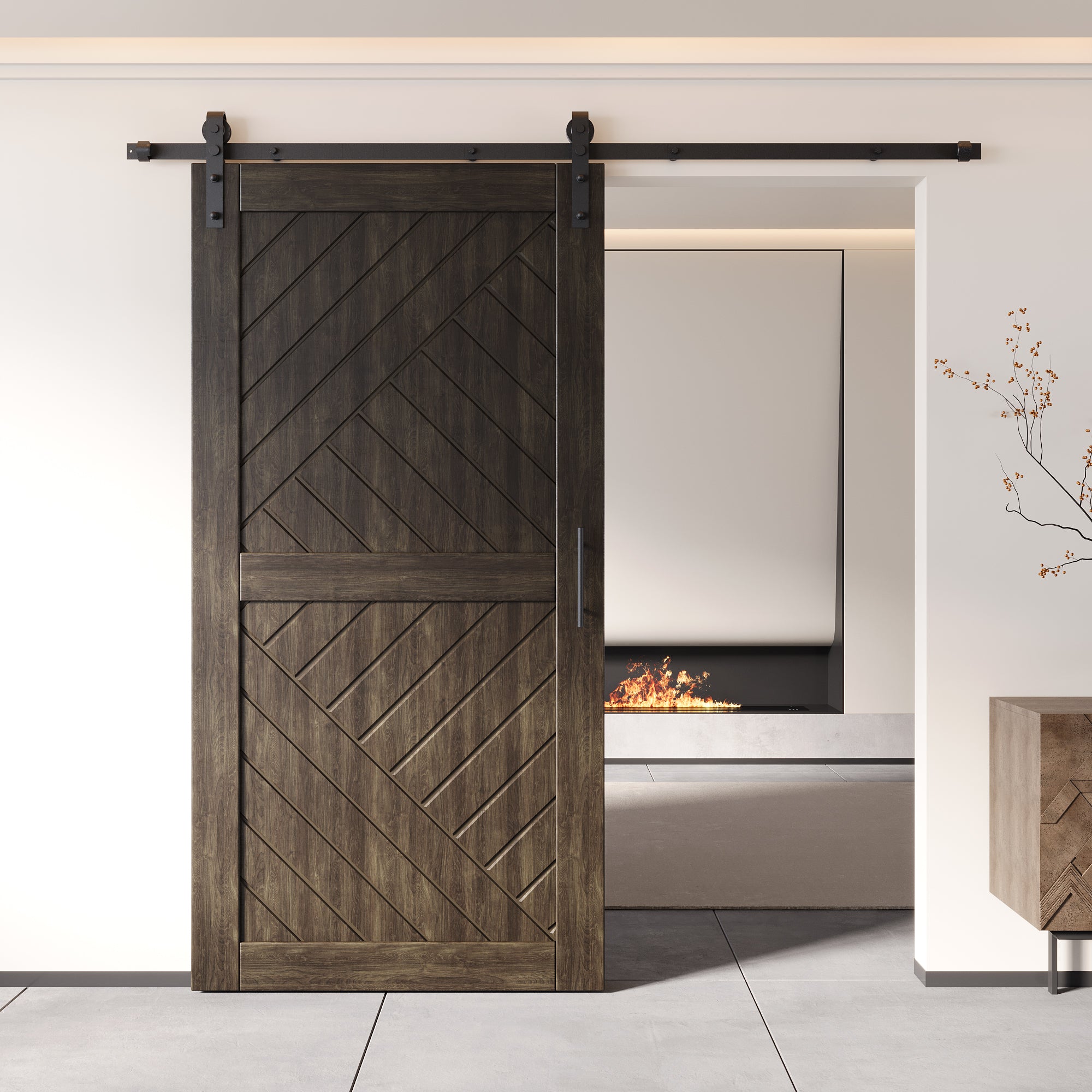 modern ebony geometric design barn door with hardware kit, door handle, soft close, floor guide