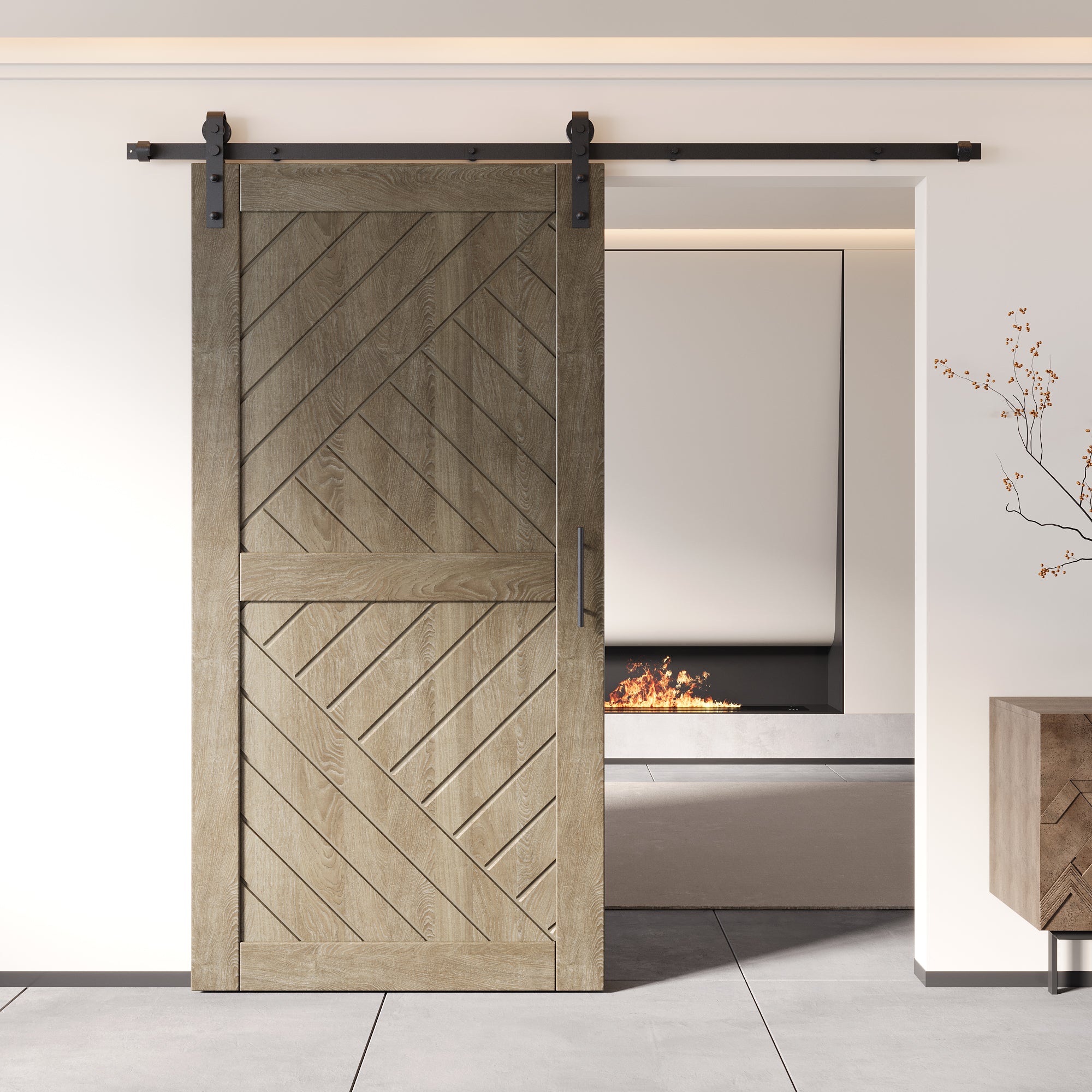 80" Height Classic Gray Geometric Design Unassembled & Finished Pine Wood Barn Door with Non-Bypass Installation Hardware Kit(Interior Use Only)