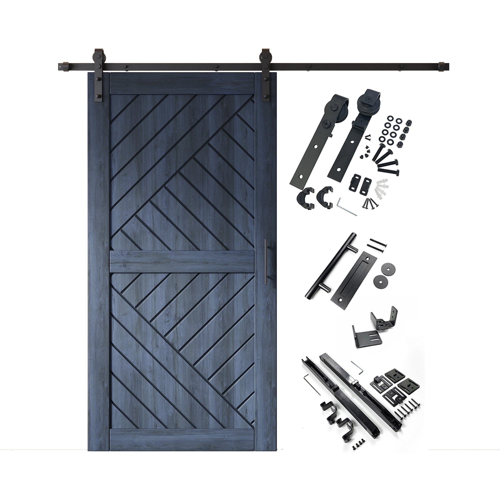 80" Height Navy Geometric Design Unassembled & Finished Pine Wood Barn Door with Non-Bypass Installation Hardware Kit(Interior Use Only)
