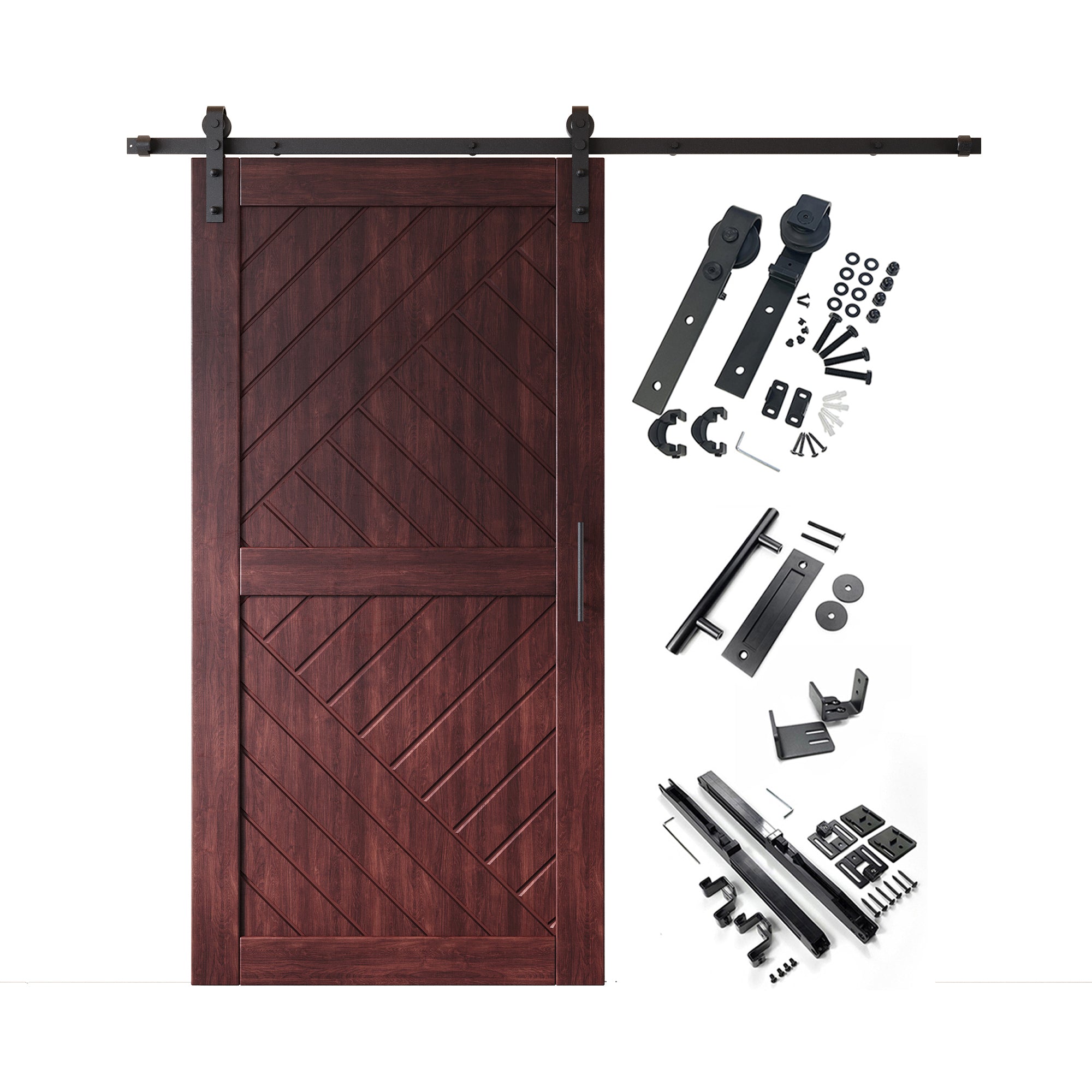80" Height Red Mahogany Geometric Design Unassembled & Finished Pine Wood Barn Door with Non-Bypass Installation Hardware Kit(Interior Use Only)