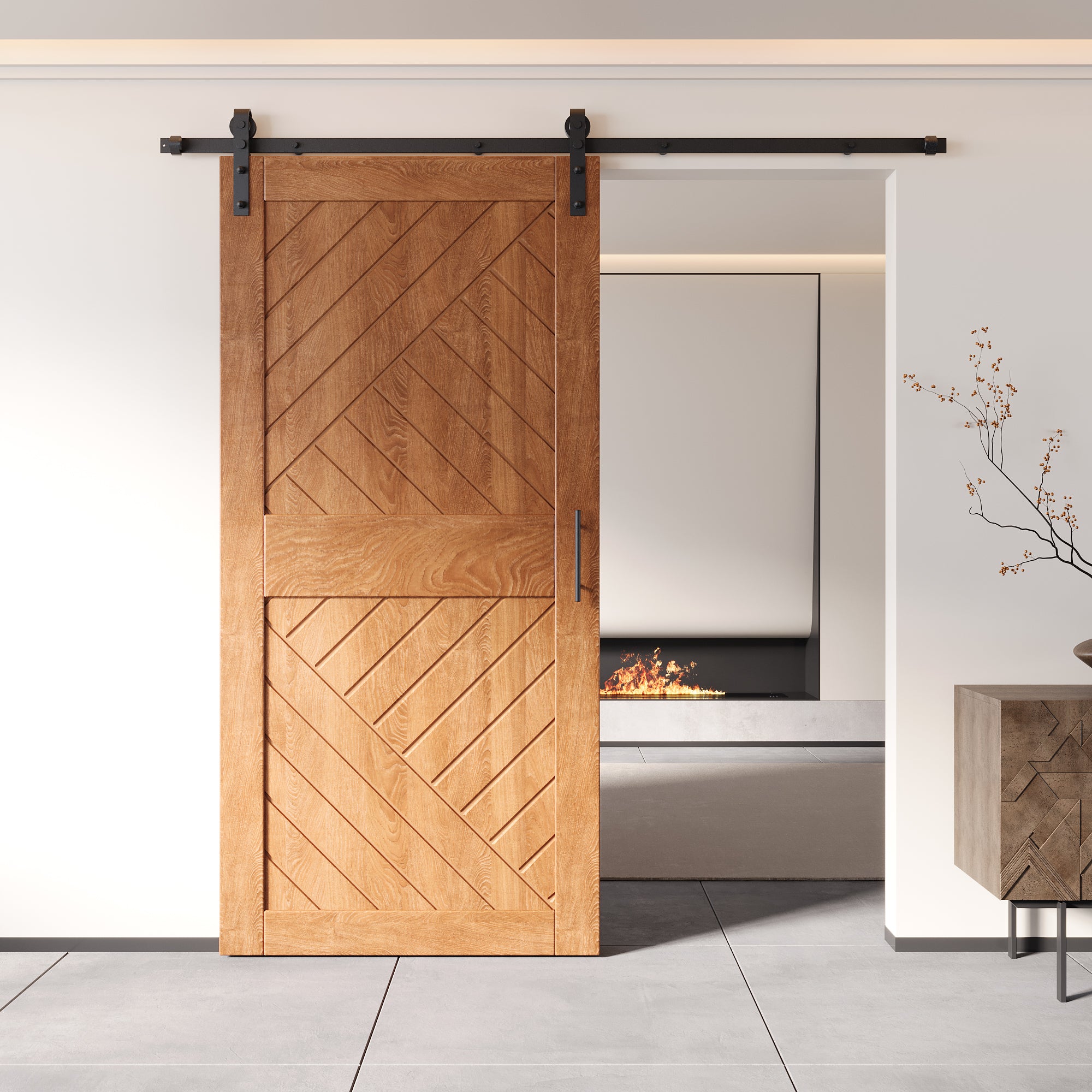 84" Height Early American Geometric Design Unassembled & Finished Pine Wood Barn Door with Non-Bypass Installation Hardware Kit(Interior Use Only)