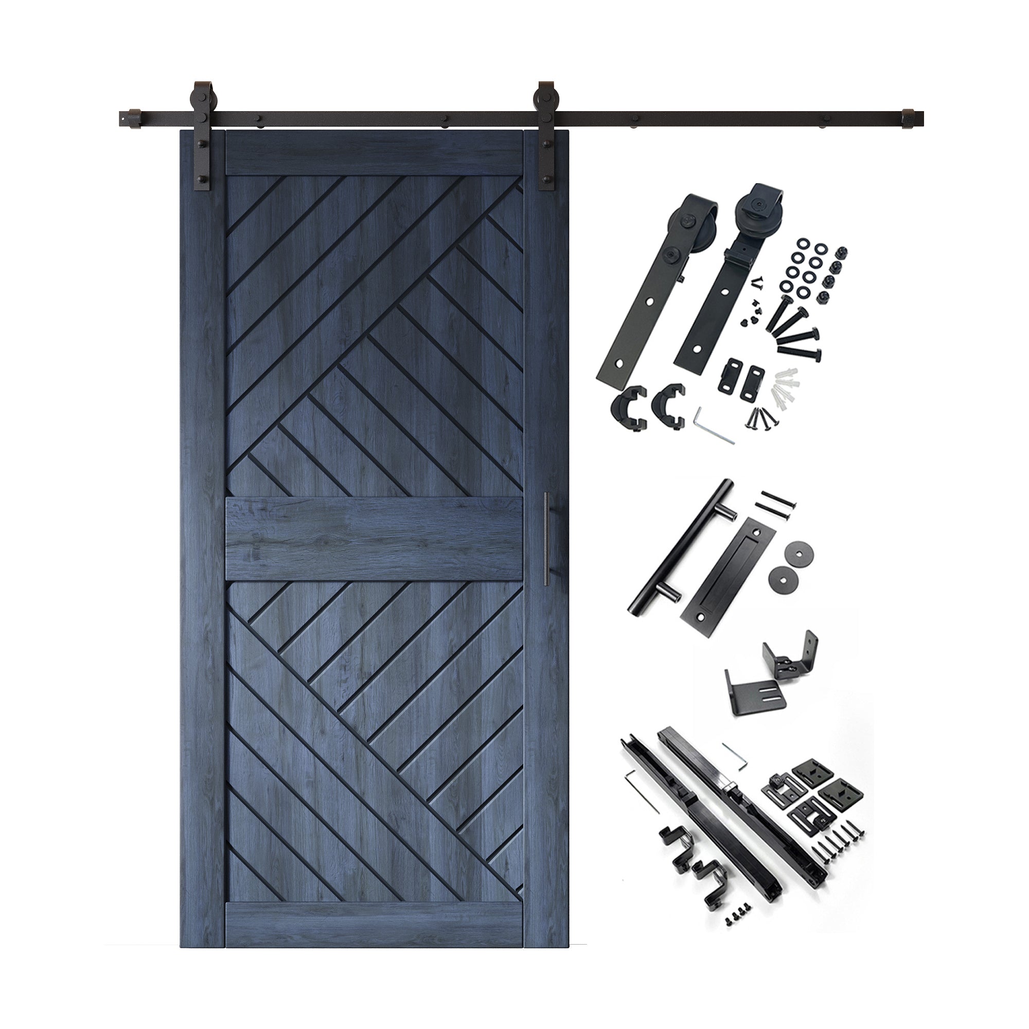 84" Height Navy Geometric Design Unassembled & Finished Pine Wood Barn Door with Non-Bypass Installation Hardware Kit(Interior Use Only)