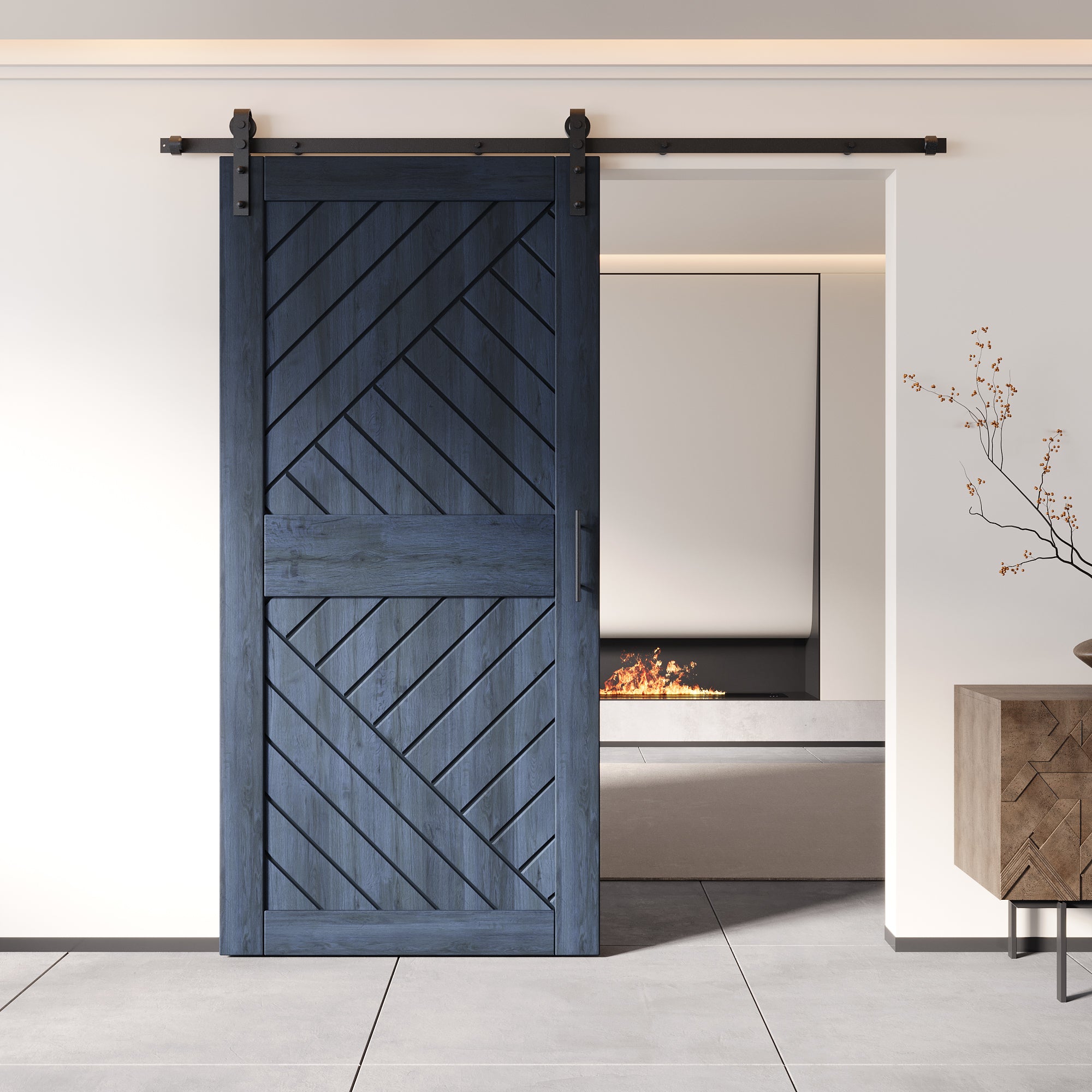 84" Height Navy Geometric Design Unassembled & Finished Pine Wood Barn Door with Non-Bypass Installation Hardware Kit(Interior Use Only)