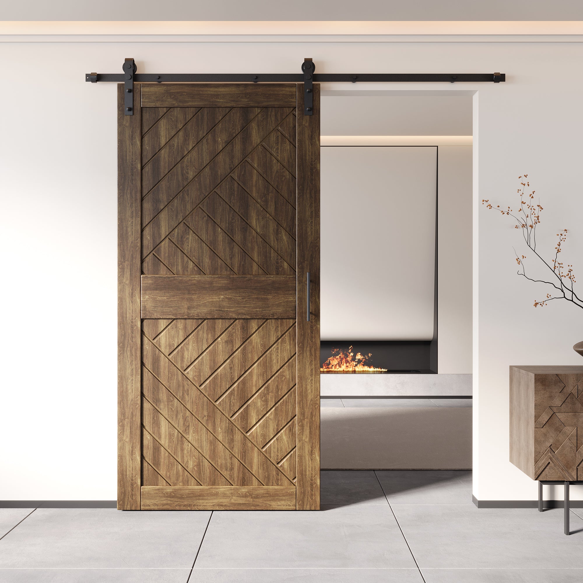 84" Height Dark Walnut Geometric Design Unassembled & Finished Pine Wood Barn Door with Non-Bypass Installation Hardware Kit(Interior Use Only)