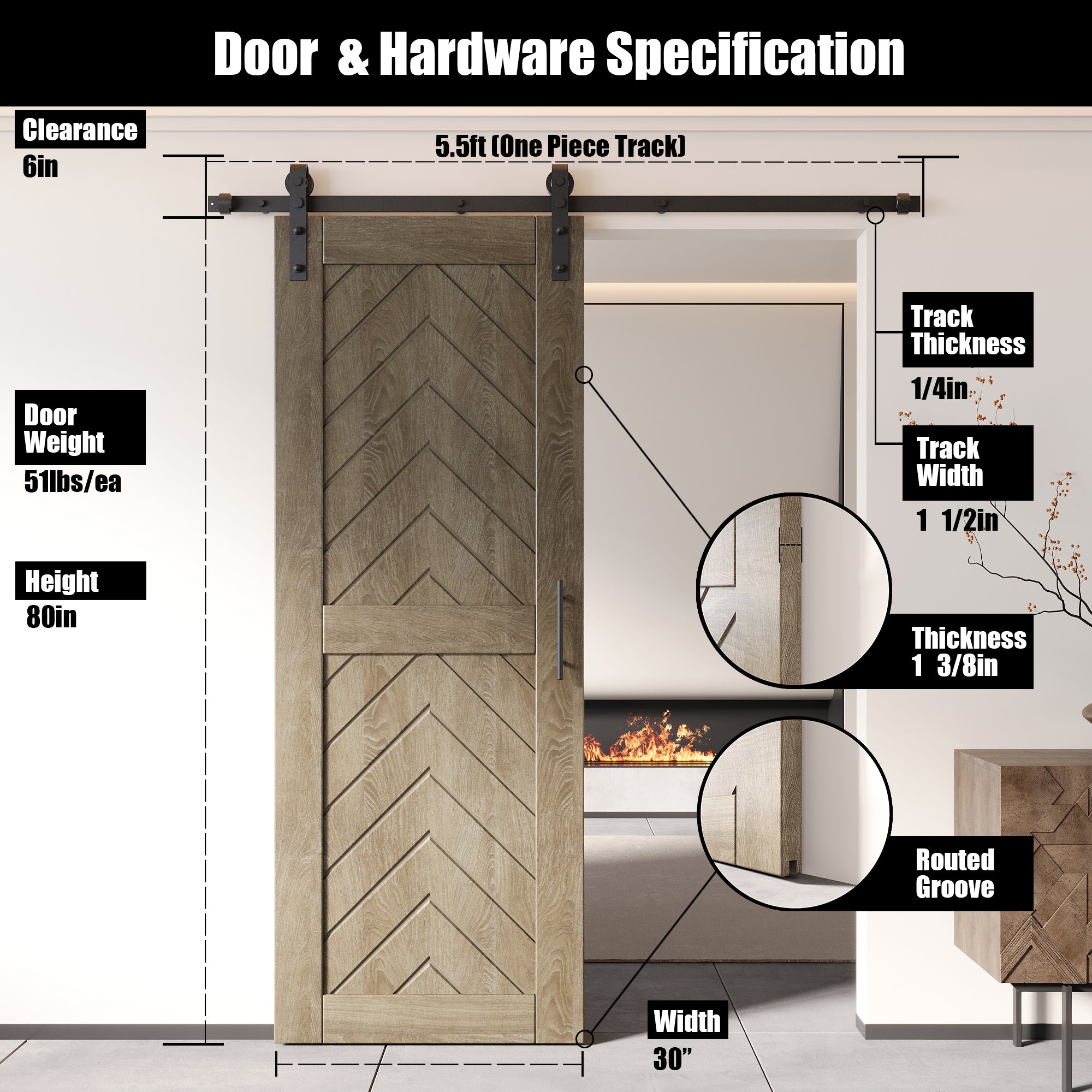 80" Height Classic Gray Fishbone Design Unassembled & Finished Pine Wood Barn Door with Non-Bypass Installation Hardware Kit(Interior Use Only)