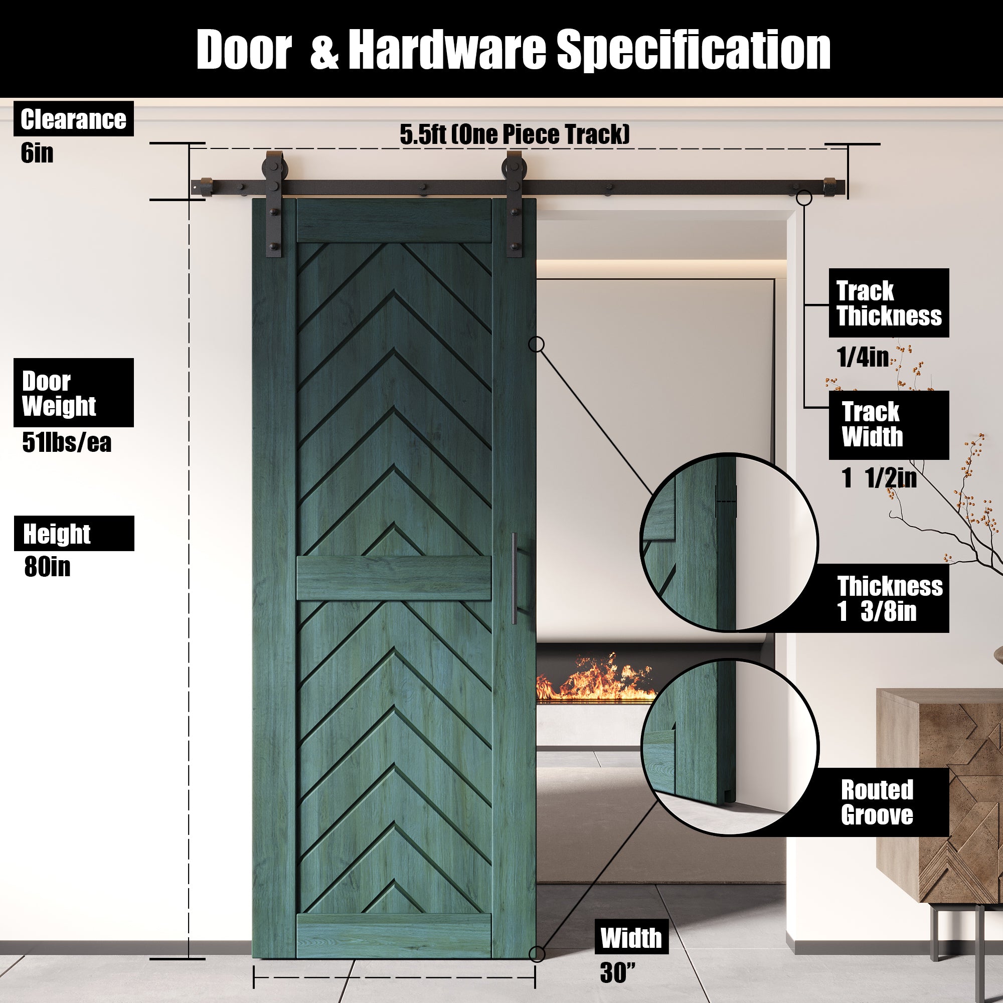 80" Height Royal Pine Fishbone Design Unassembled & Finished Pine Wood Barn Door with Non-Bypass Installation Hardware Kit(Interior Use Only)