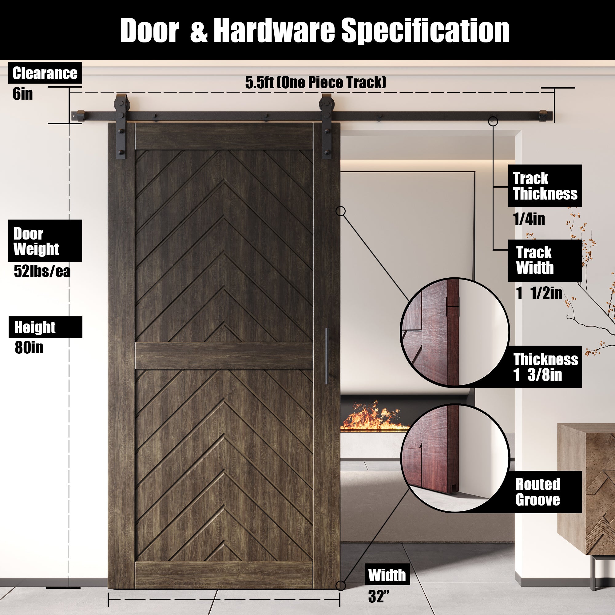 80" Height Ebony Fishbone Design Unassembled & Finished Pine Wood Barn Door with Non-Bypass Installation Hardware Kit(Interior Use Only)