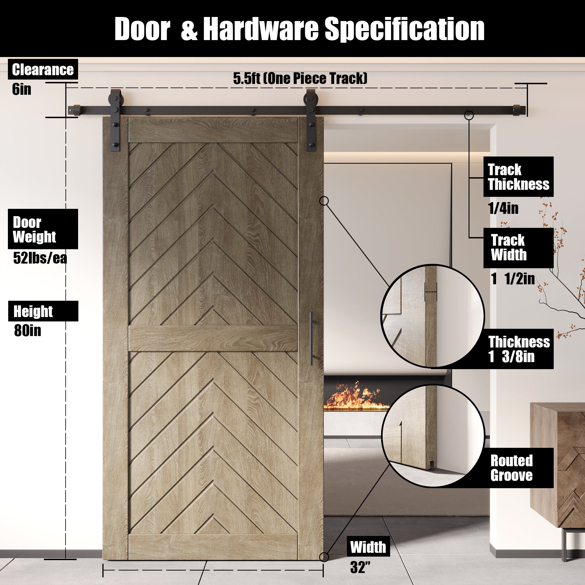 80" Height Classic Gray Fishbone Design Unassembled & Finished Pine Wood Barn Door with Non-Bypass Installation Hardware Kit(Interior Use Only)