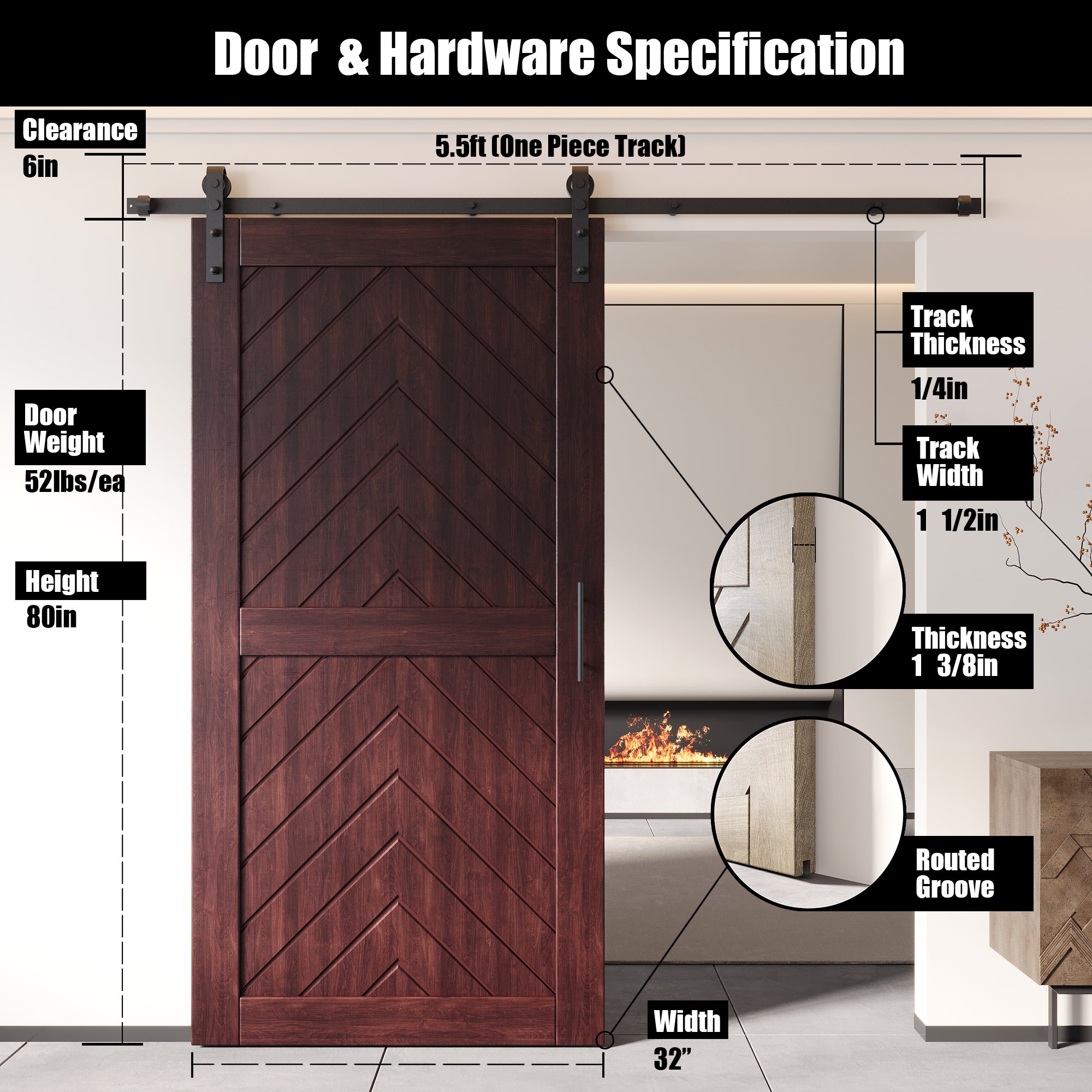 80" Height Red Mahogany Fishbone Design Unassembled & Finished Pine Wood Barn Door with Non-Bypass Installation Hardware Kit(Interior Use Only)