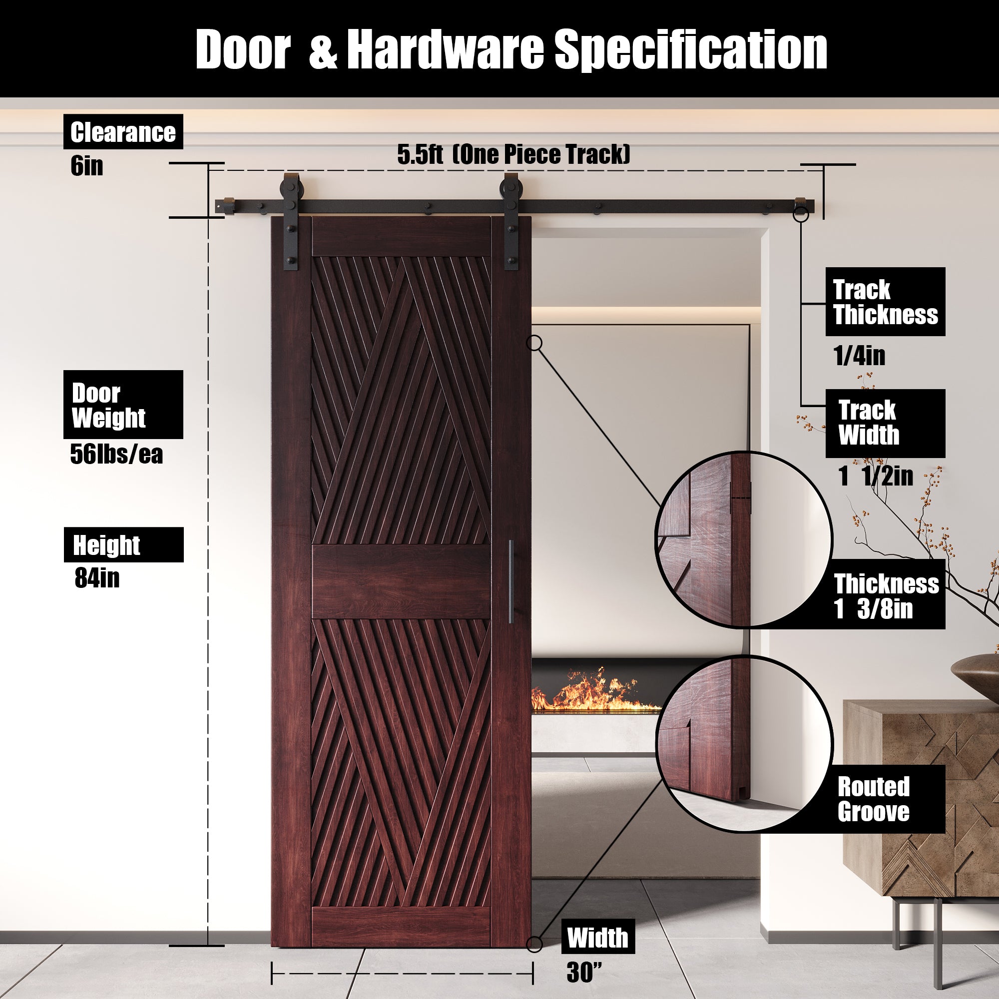 84" Height Red Mahogany Diamond Design Unassembled & Finished Pine Wood Barn Door with Non-Bypass Installation Hardware Kit(Interior Use Only)