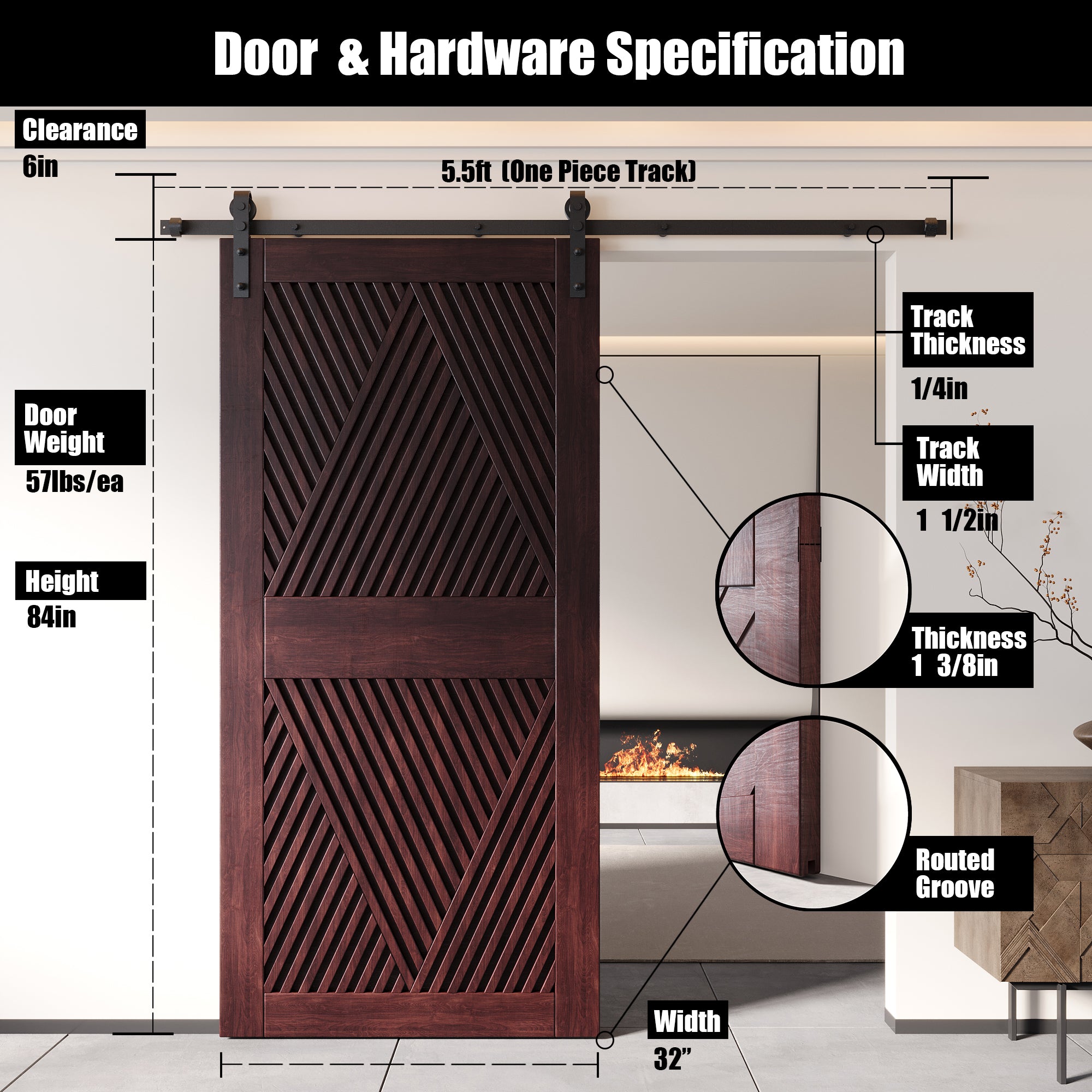84" Height Red Mahogany Diamond Design Unassembled & Finished Pine Wood Barn Door with Non-Bypass Installation Hardware Kit(Interior Use Only)