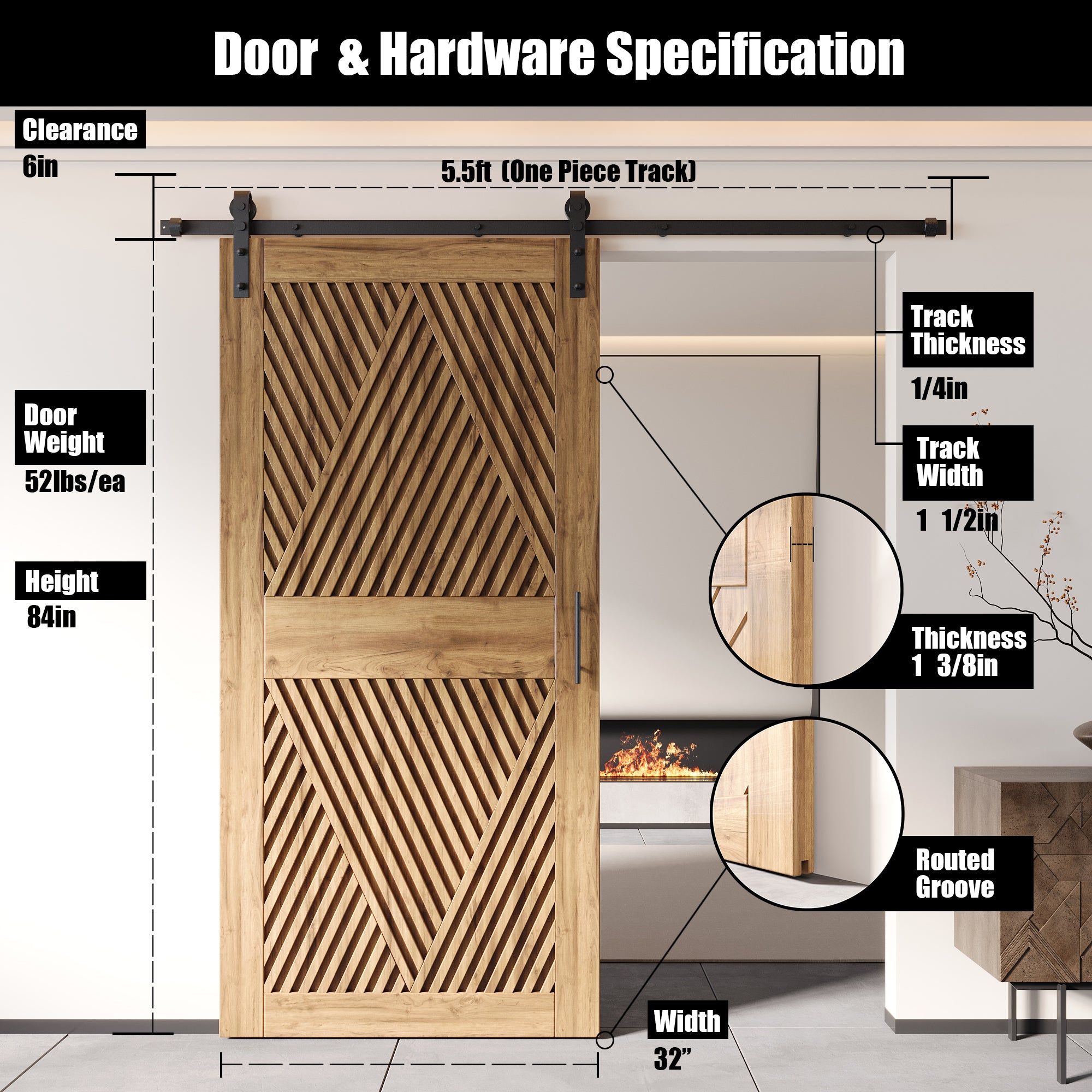84" Height Diamond Design Unassembled & Unfinished Pine Wood Barn Door with Non-Bypass Installation Hardware Kit(Interior Use Only)