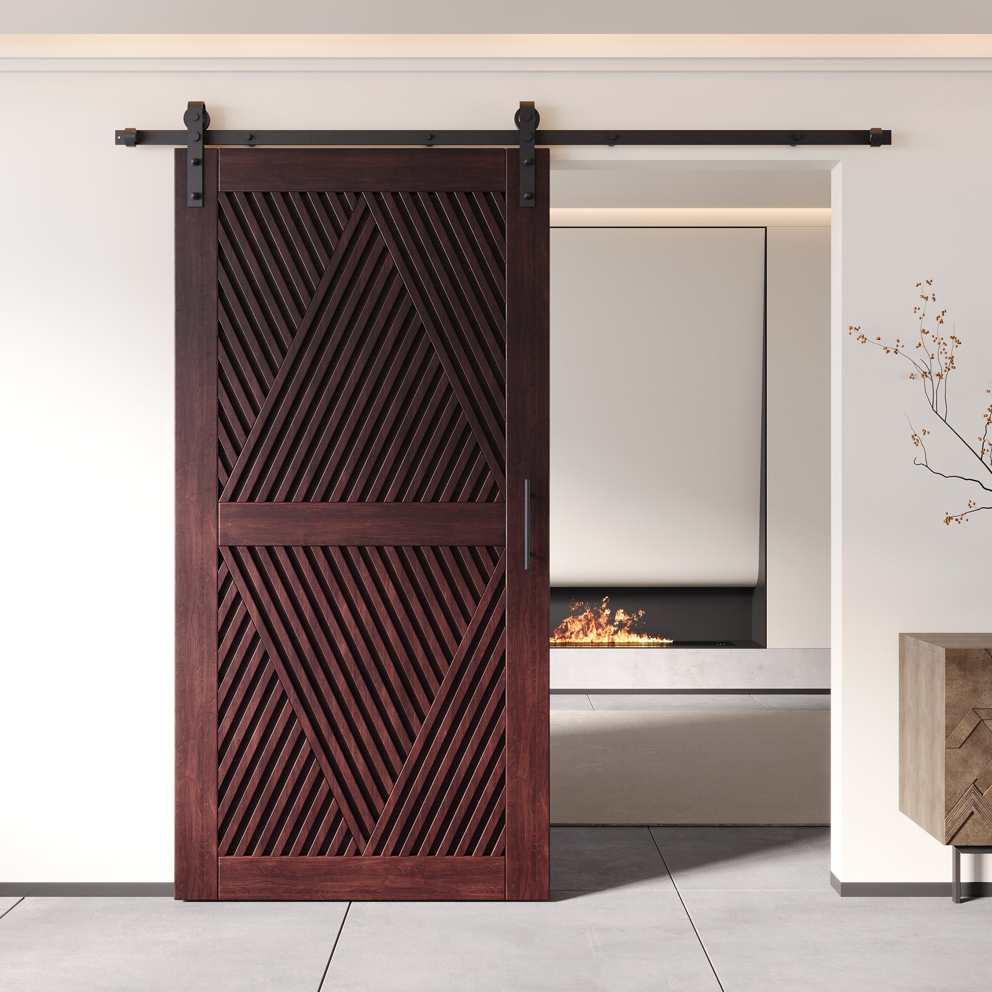 80" Height Red Mahogany Diamond Design Unassembled & Finished Pine Wood Barn Door with Non-Bypass Installation Hardware Kit(Interior Use Only)