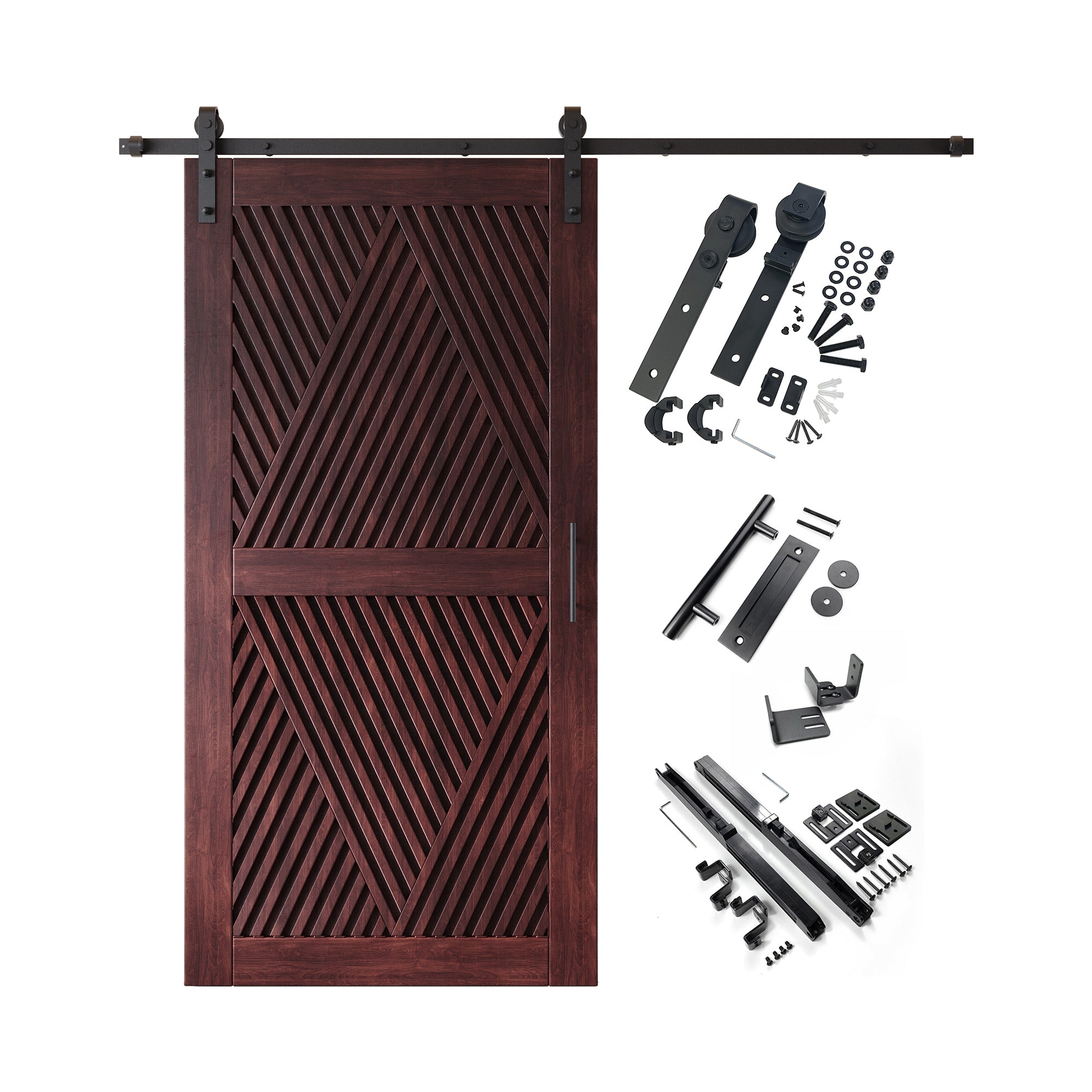 80" Height Red Mahogany Diamond Design Unassembled & Finished Pine Wood Barn Door with Non-Bypass Installation Hardware Kit(Interior Use Only)
