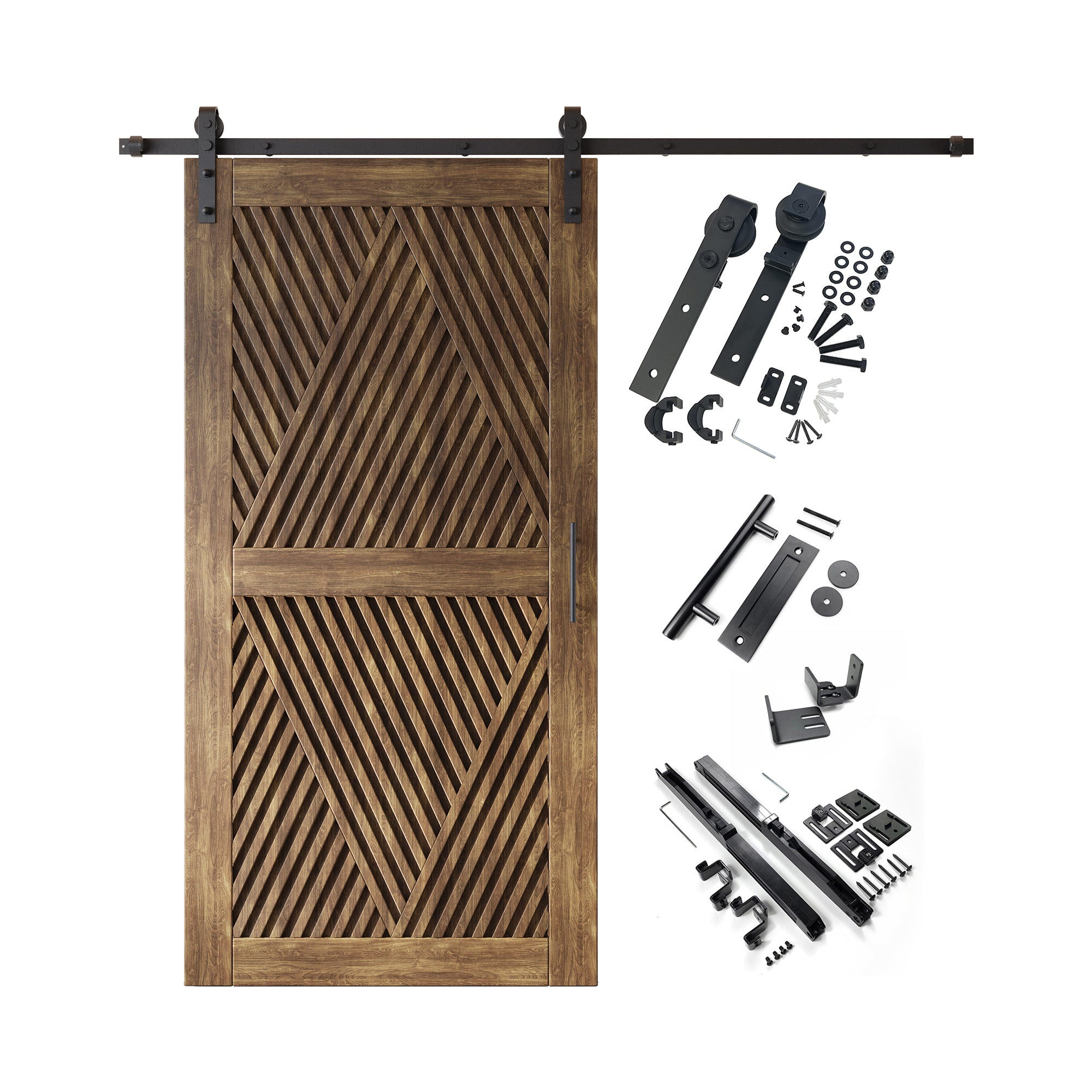 80" Height Dark Walnut Diamond Design Unassembled & Finished Pine Wood Barn Door with Non-Bypass Installation Hardware Kit(Interior Use Only)