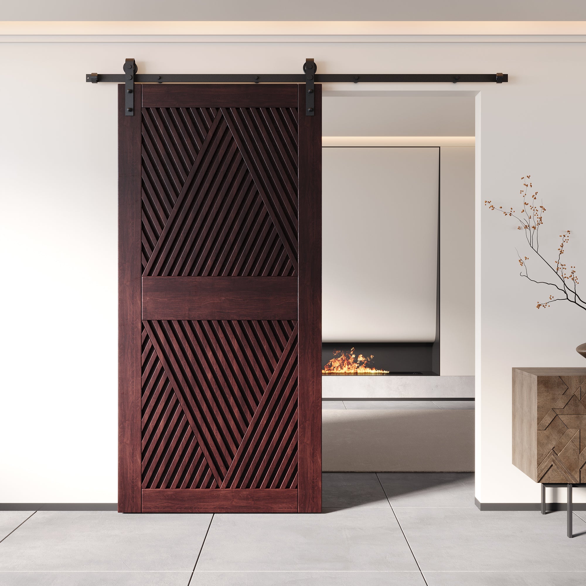 84" Height Red Mahogany Diamond Design Unassembled & Finished Pine Wood Barn Door with Non-Bypass Installation Hardware Kit(Interior Use Only)