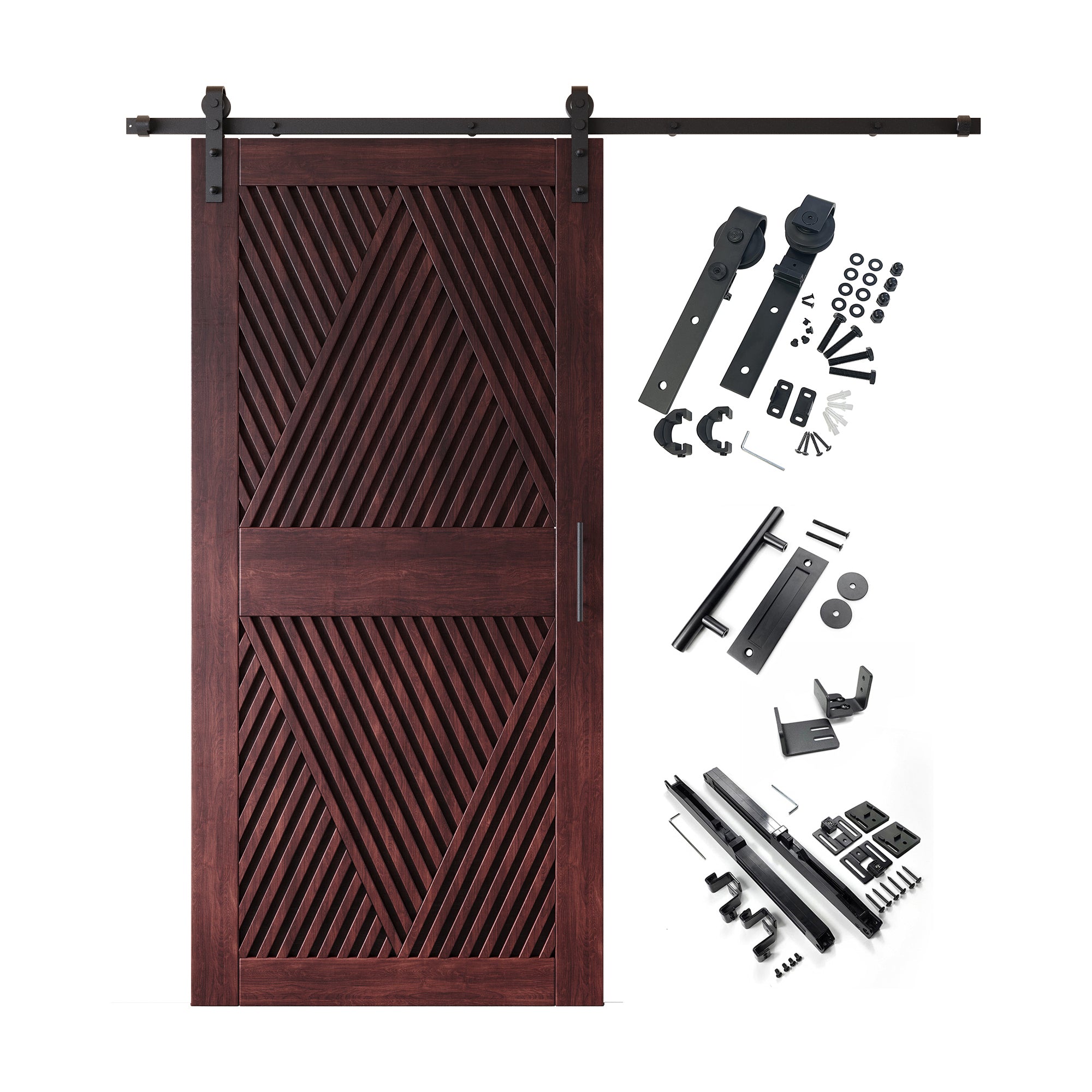 84" Height Red Mahogany Diamond Design Unassembled & Finished Pine Wood Barn Door with Non-Bypass Installation Hardware Kit(Interior Use Only)