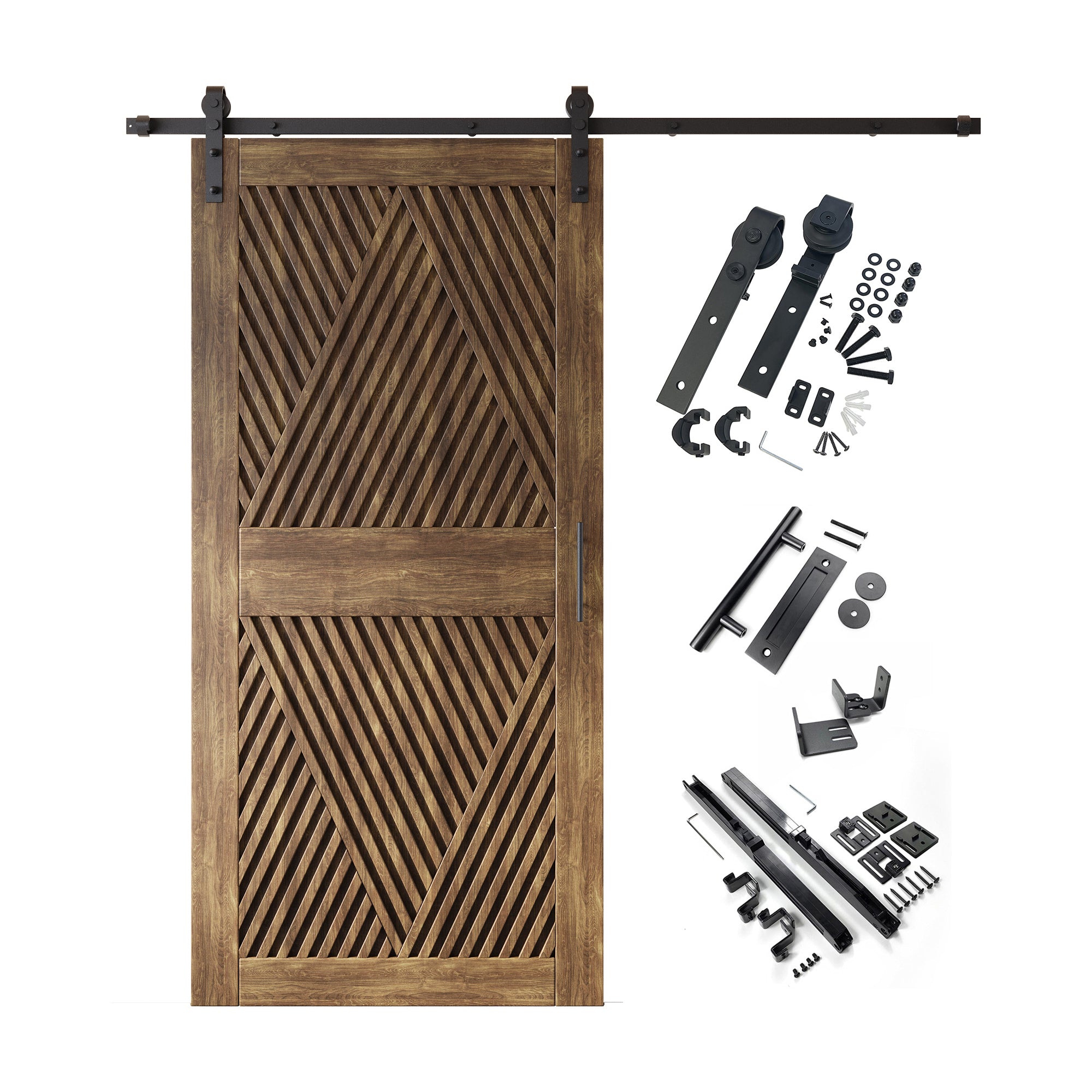 84" Height Dark Walnut Diamond Design Unassembled & Finished Pine Wood Barn Door with Non-Bypass Installation Hardware Kit(Interior Use Only)
