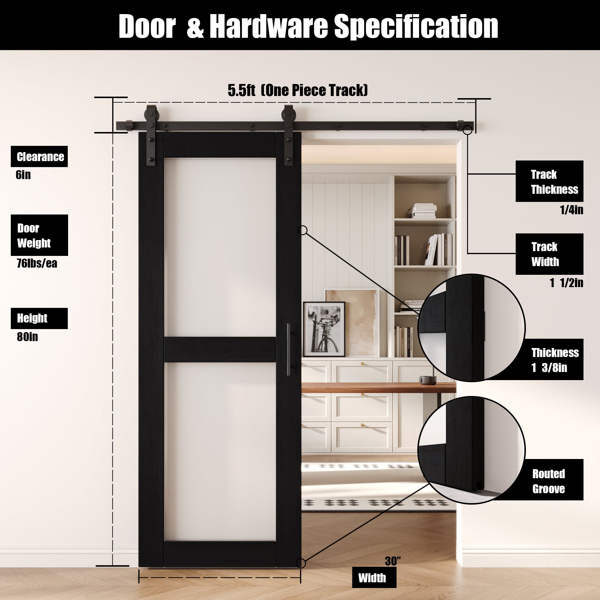 80" Height Black 2-Lite Frosted Glass Unassembled & Finished Pine Wood Barn Door with Non-Bypass Installation Hardware Kit (Interior Use Only)