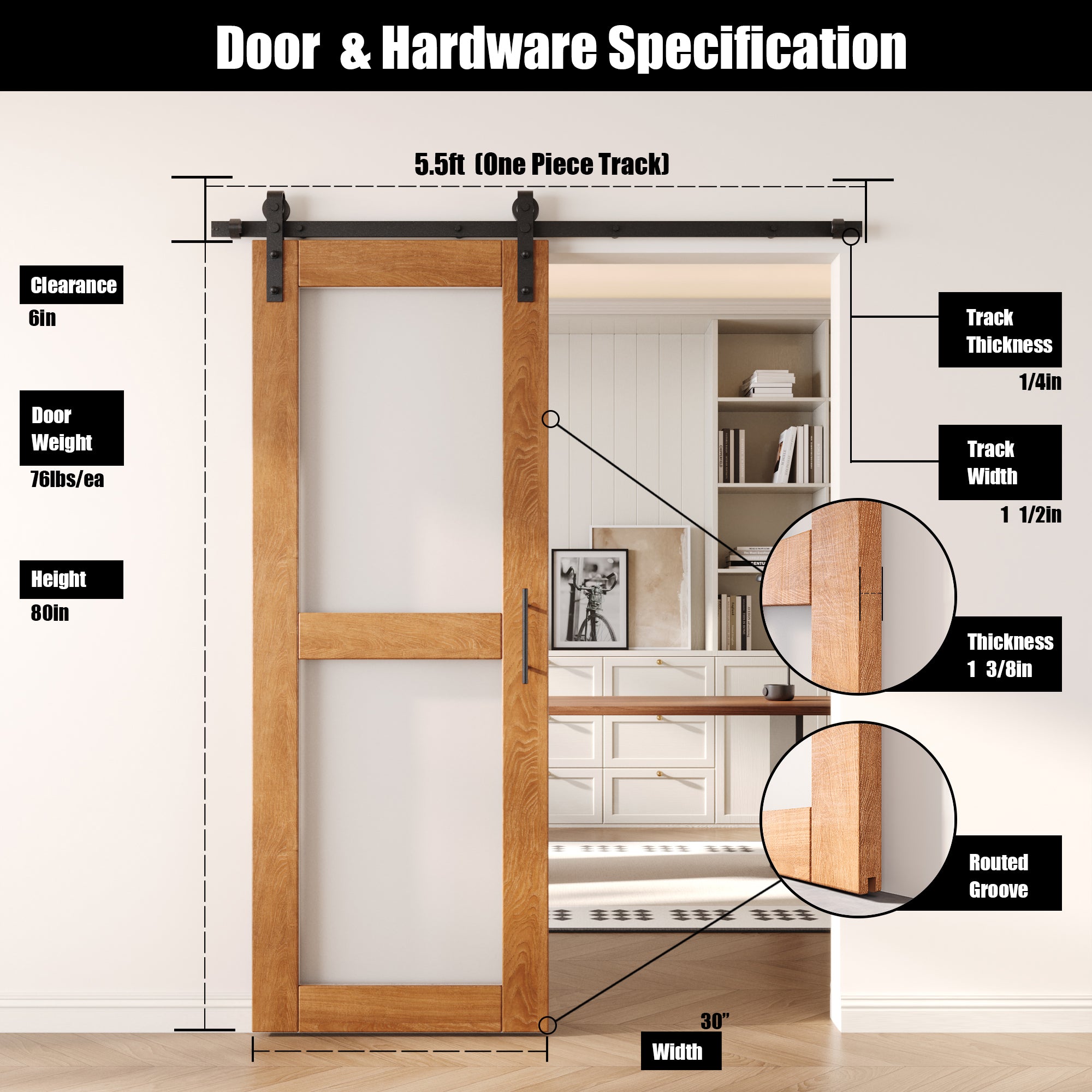 80" Height Early American 2-Lite Frosted Glass Unassembled & Finished Pine Wood Barn Door with Non-Bypass Installation Hardware Kit (Interior Use Only)