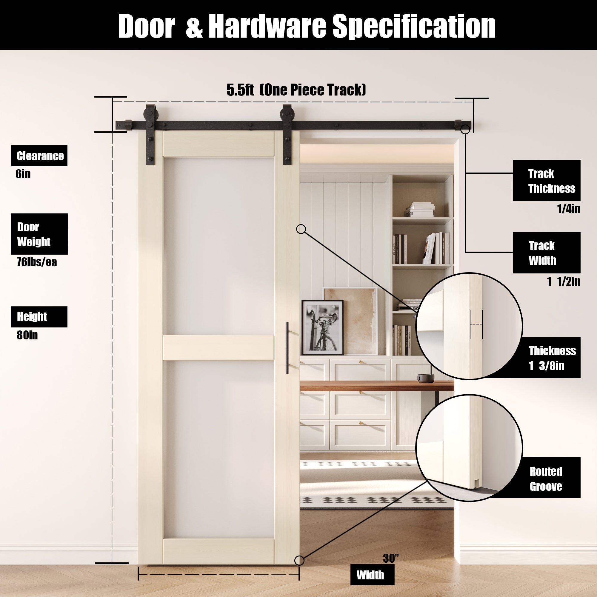 80" Height Tinsmith Gray 2-Lite Frosted Glass Unassembled & Finished Pine Wood Barn Door with Non-Bypass Installation Hardware Kit (Interior Use Only)
