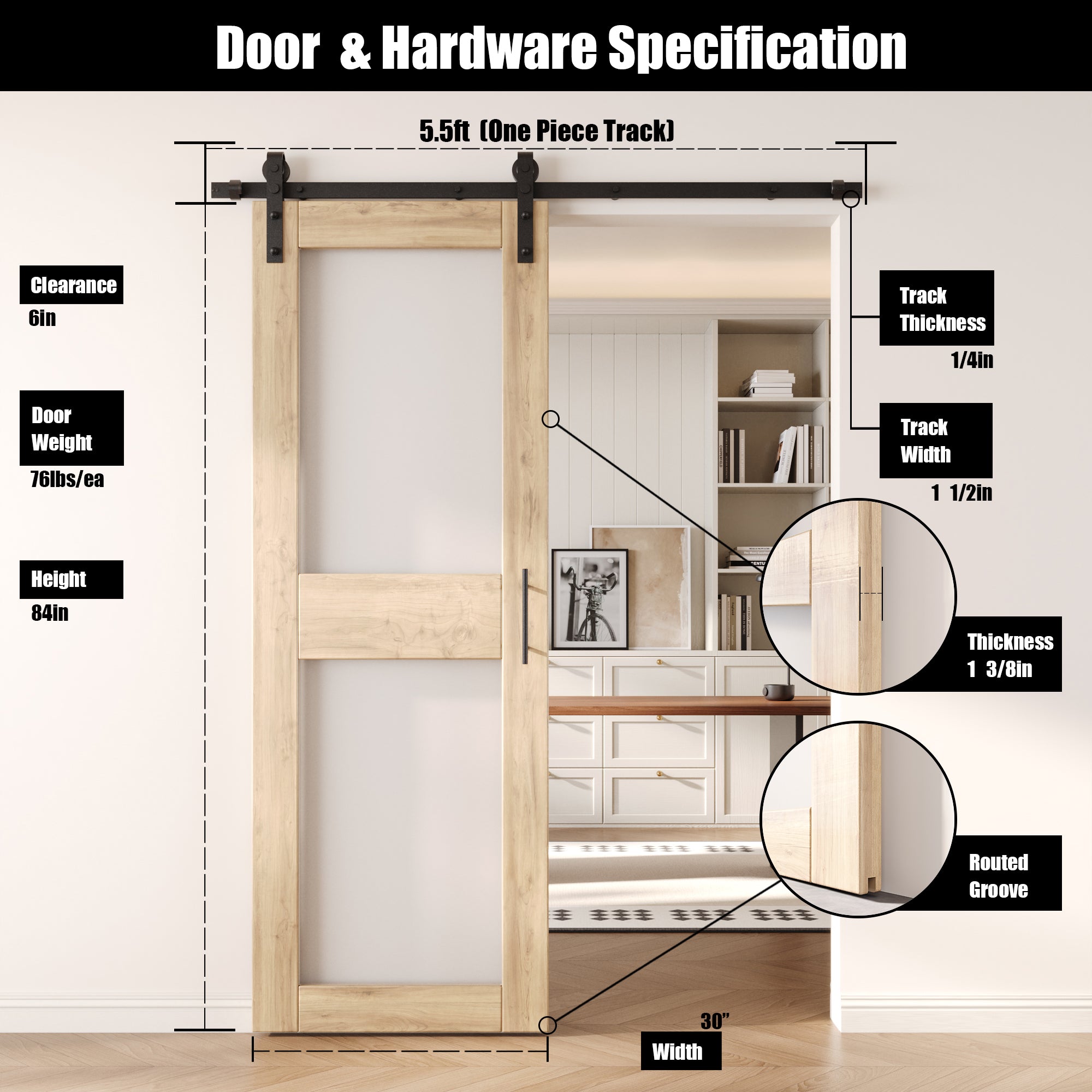 84" Height 2-Lite Frosted Glass Unassembled & Unfinished Pine Wood Barn Door with Non-Bypass Installation Hardware Kit (Interior Use Only)