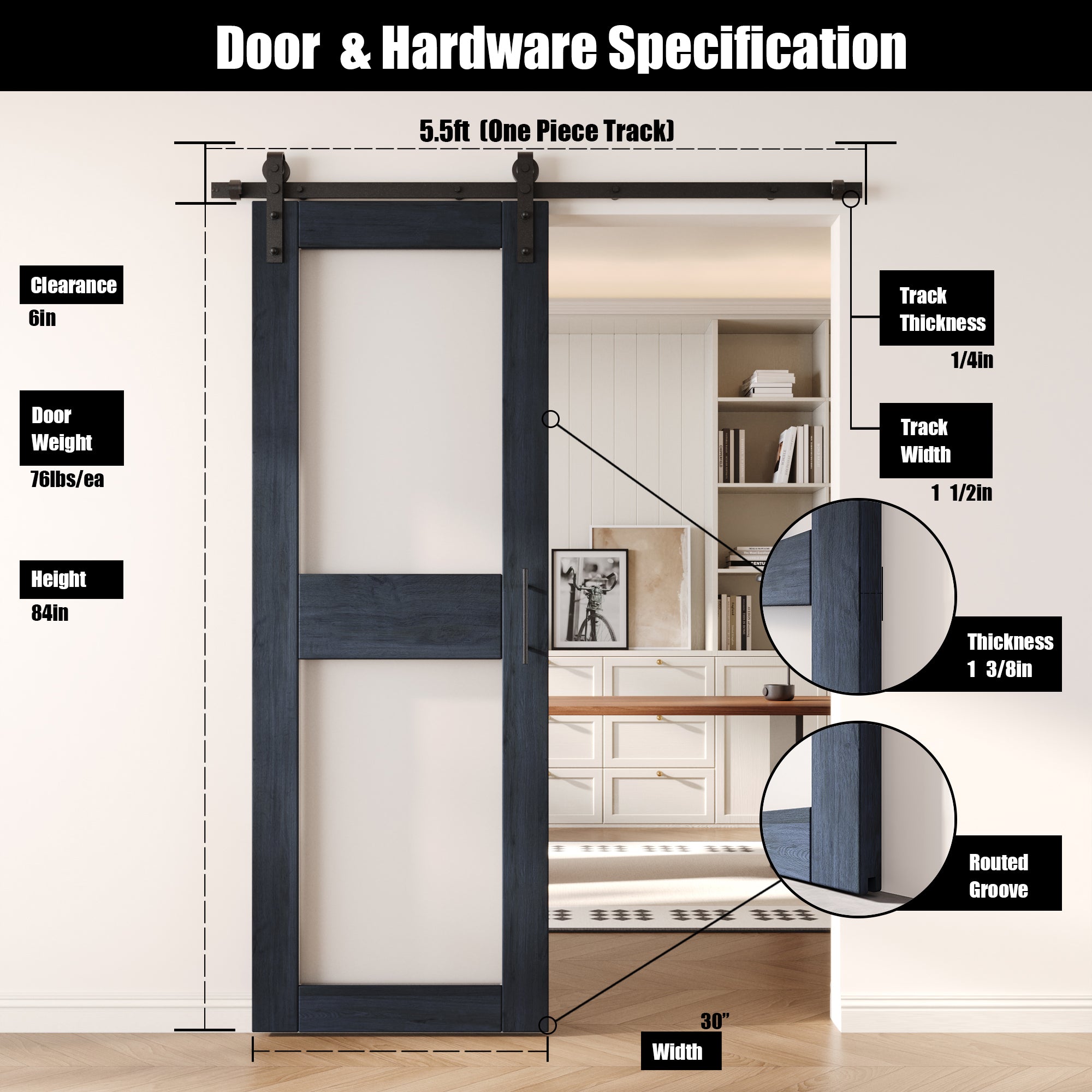 84" Height Navy 2-Lite Frosted Glass Unassembled & Finished Pine Wood Barn Door with Non-Bypass Installation Hardware Kit (Interior Use Only)