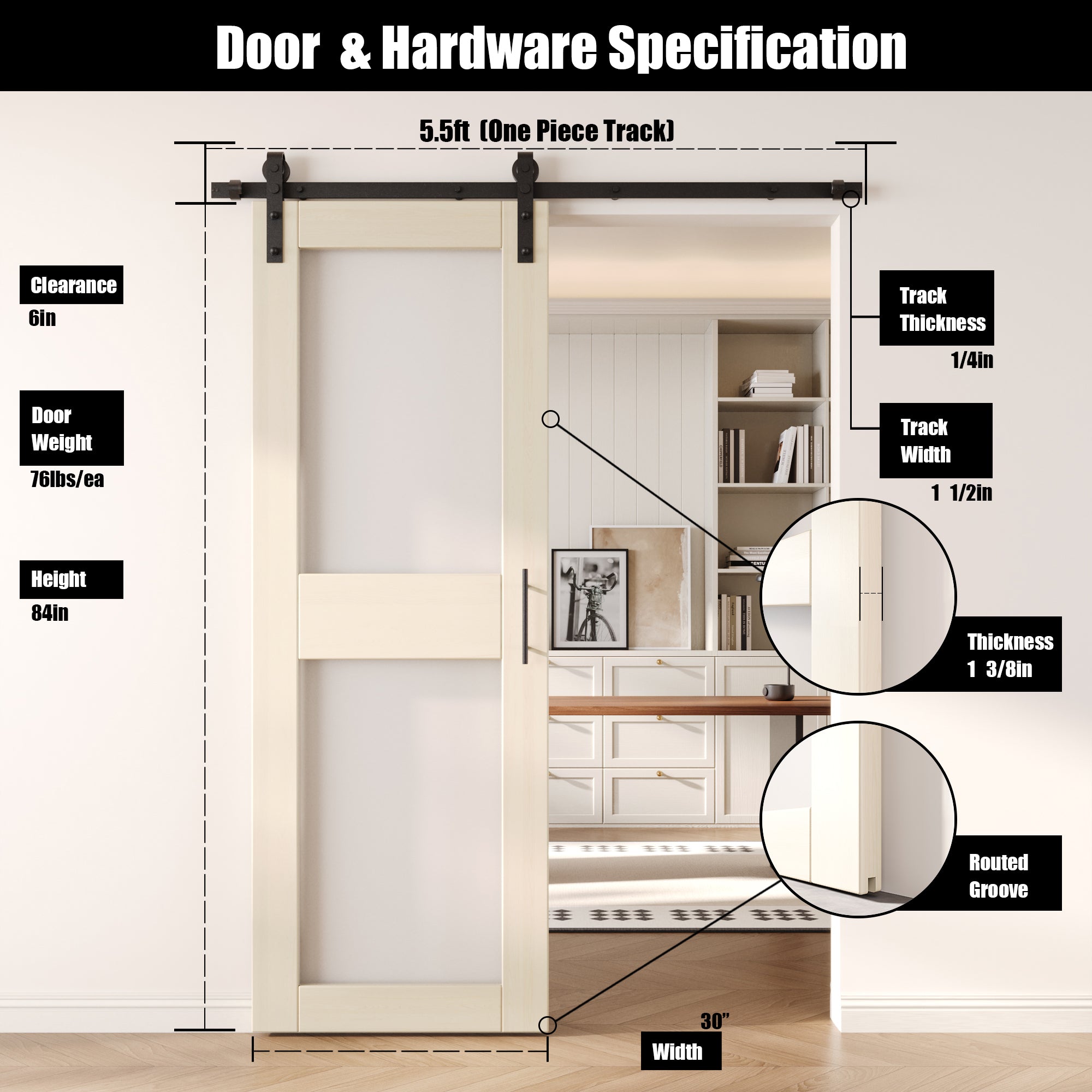 84" Height Tinsmith Gray 2-Lite Frosted Glass Unassembled & Finished Pine Wood Barn Door with Non-Bypass Installation Hardware Kit (Interior Use Only)