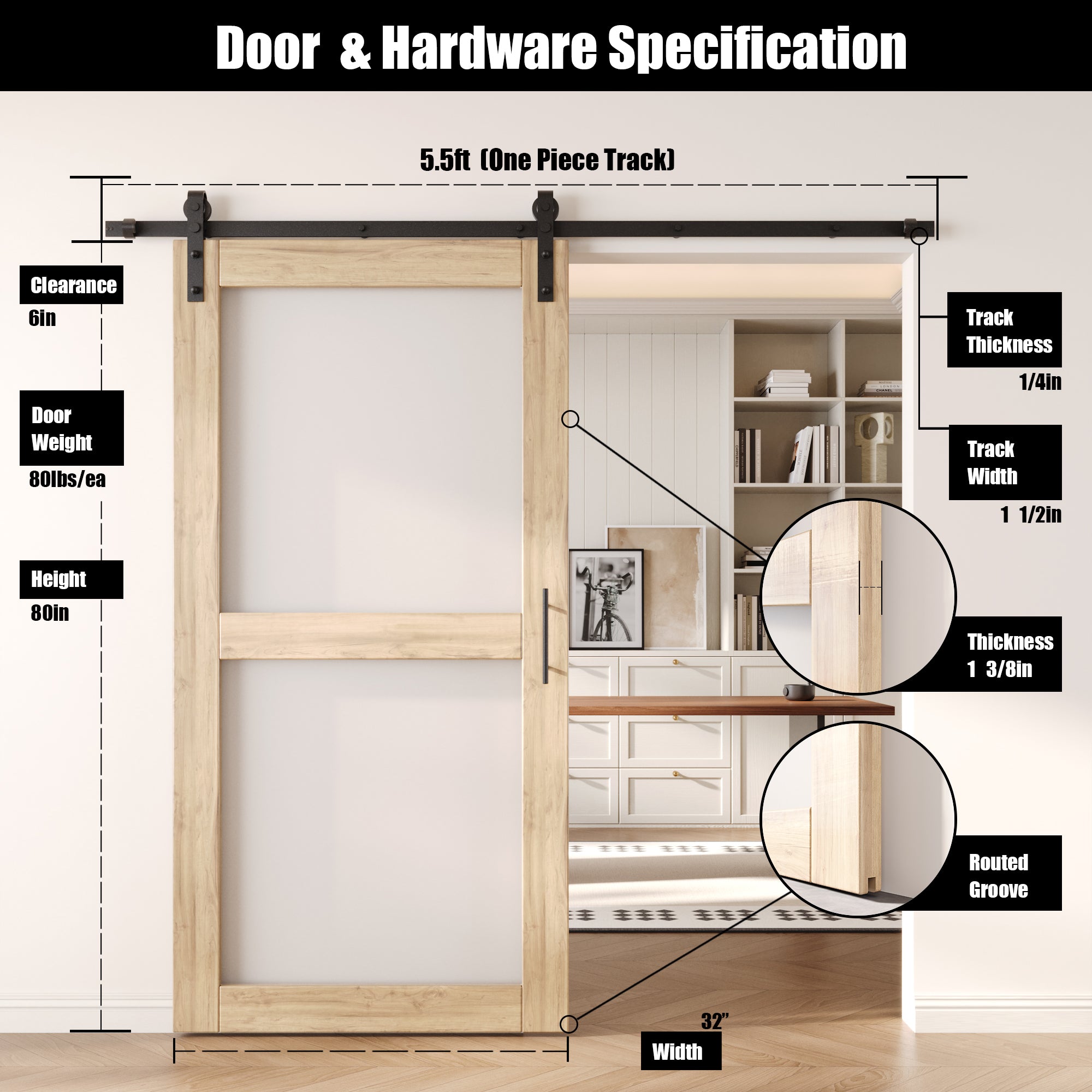 80" Height 2-Lite Frosted Glass Unassembled & Unfinished Pine Wood Barn Door with Non-Bypass Installation Hardware Kit (Interior Use Only)