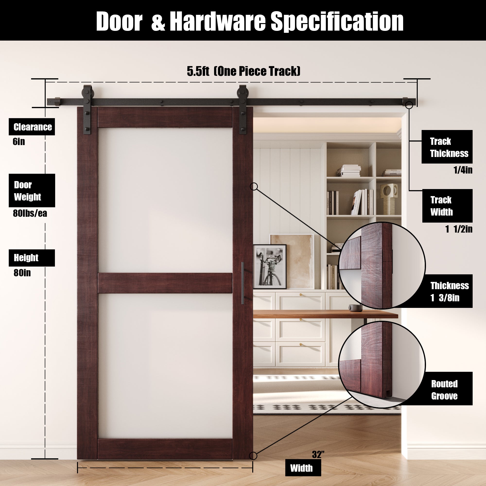80" Height Red Mahogany 2-Lite Frosted Glass Unassembled & Finished Pine Wood Barn Door with Non-Bypass Installation Hardware Kit (Interior Use Only)