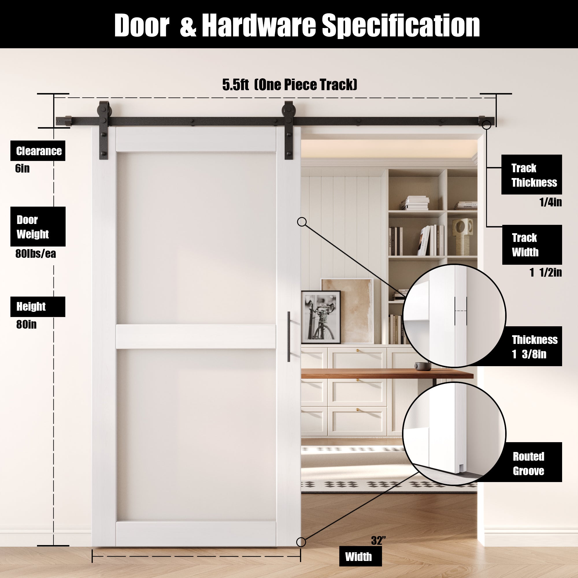 80" Height White 2-Lite Frosted Glass Unassembled & Finished Pine Wood Barn Door with Non-Bypass Installation Hardware Kit (Interior Use Only)